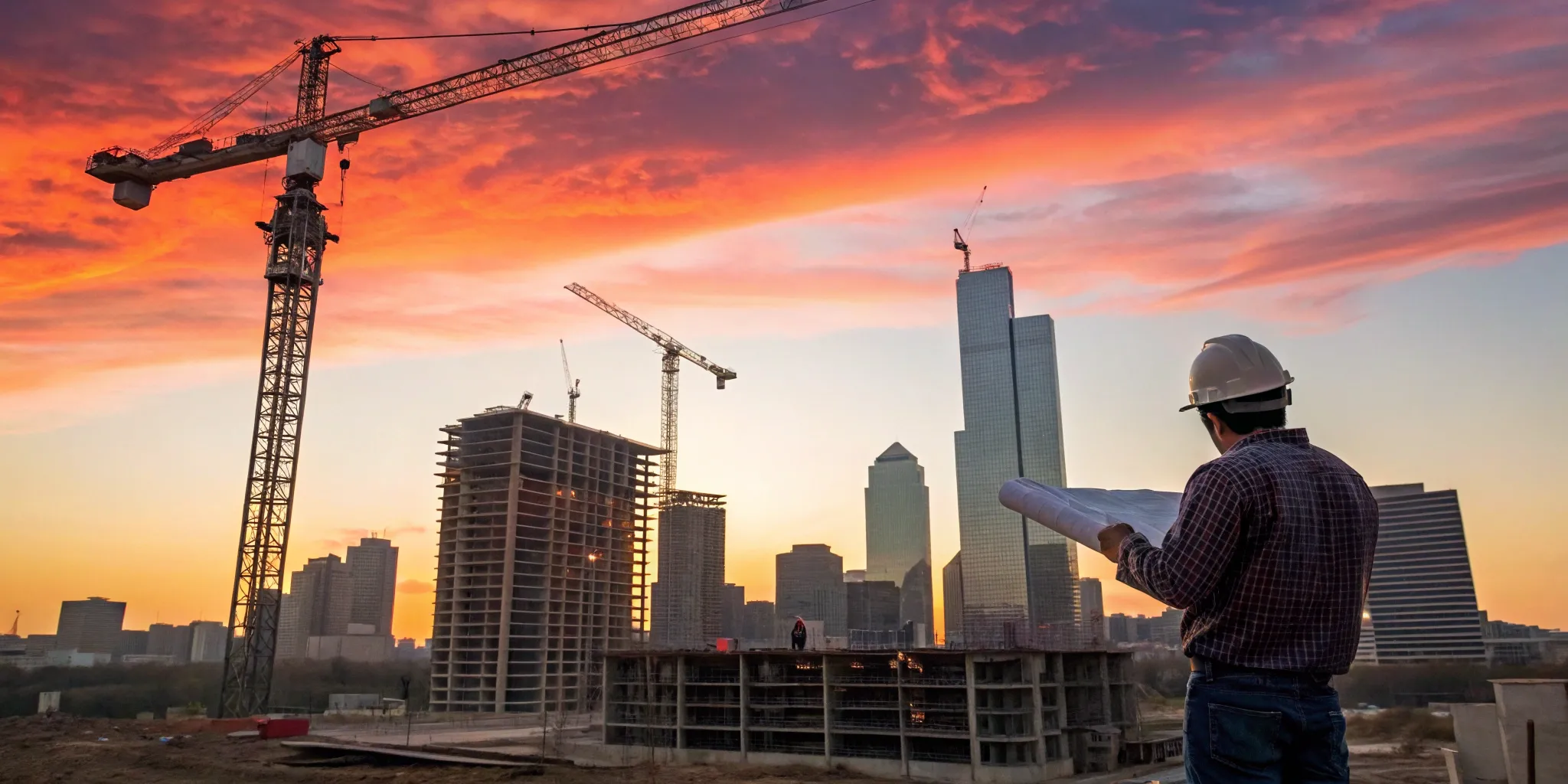 Texas commercial construction site at sunset.