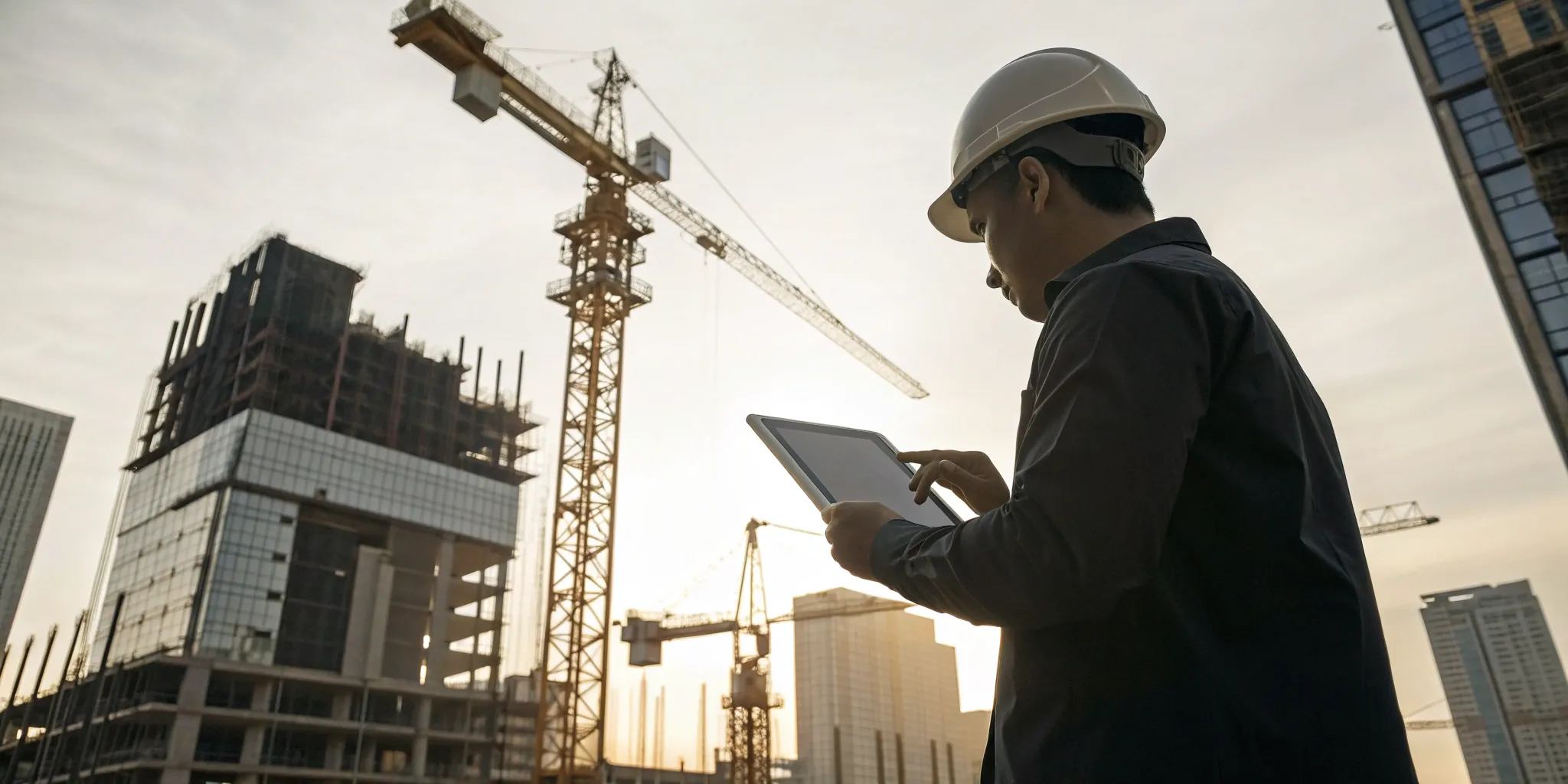 Construction worker using tablet to track project progress.