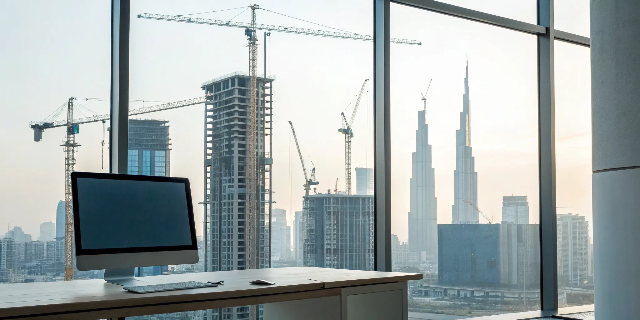 Construction cranes building commercial projects in a city skyline.