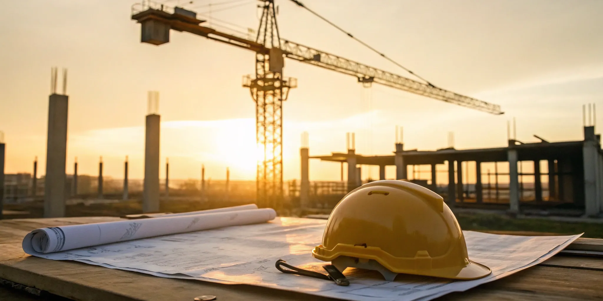 Hard hat and blueprints on construction site.