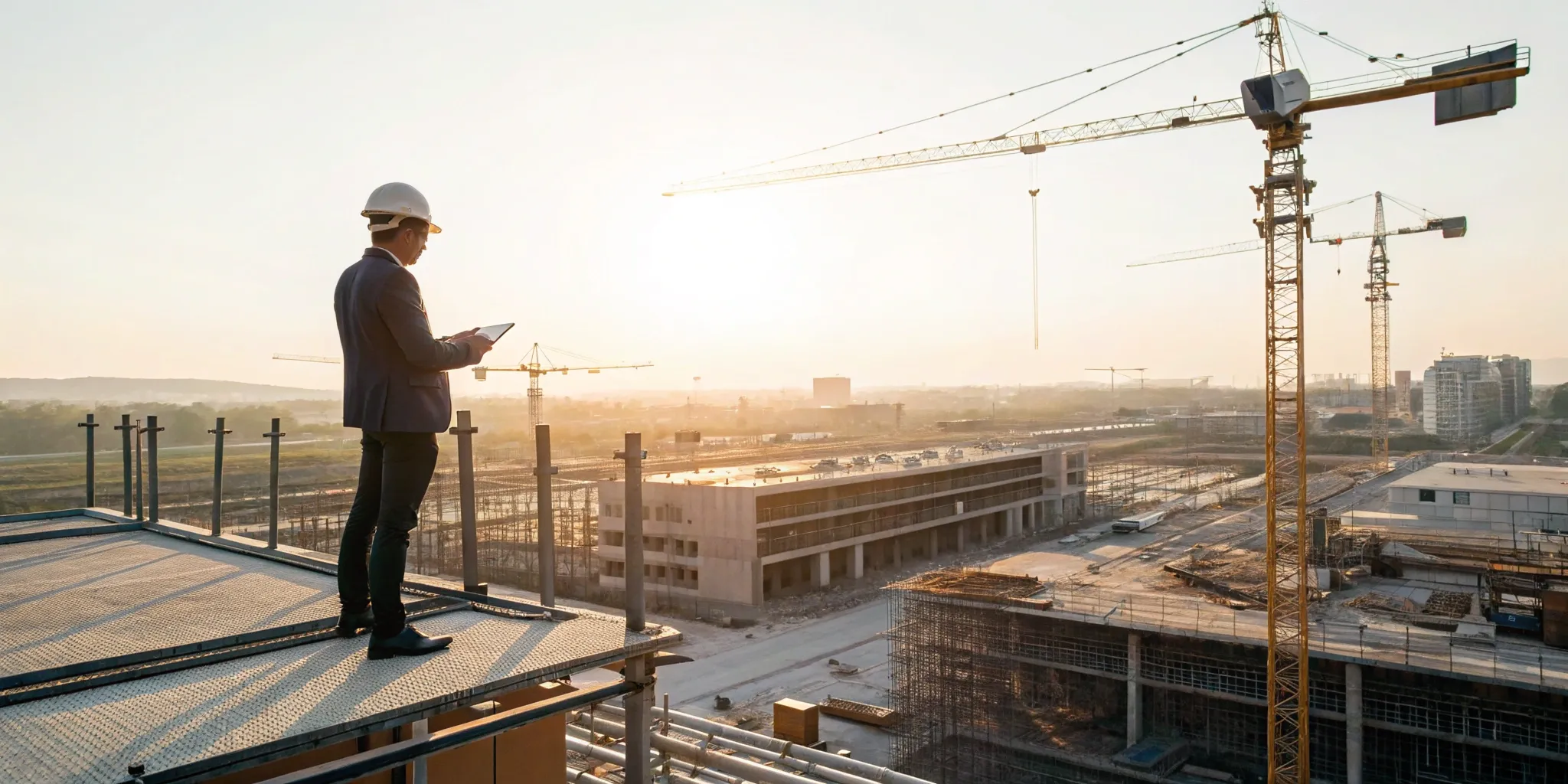 Construction project manager reviewing blueprints on a tablet at a construction site.