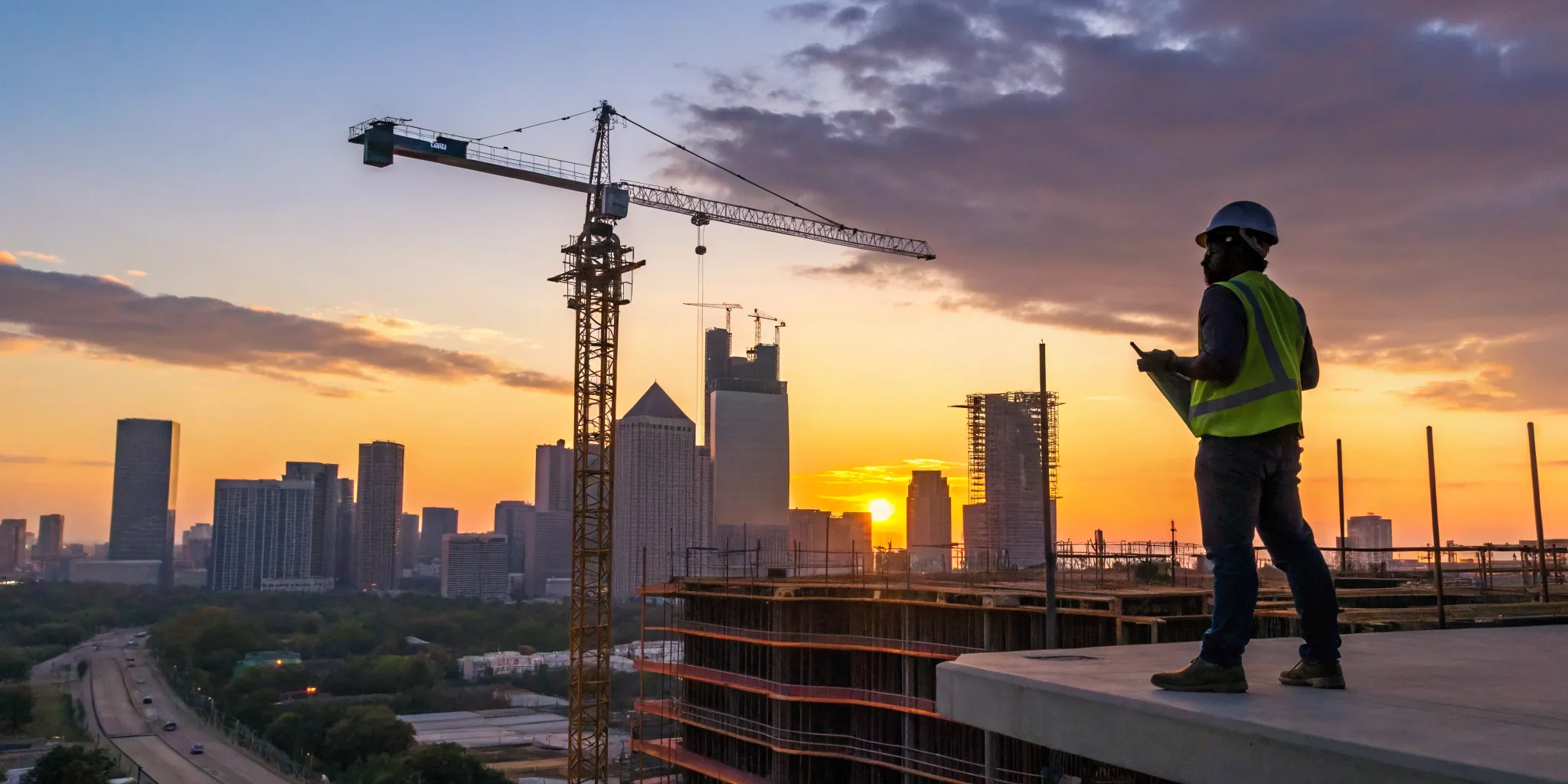 Texas commercial construction site at sunset.