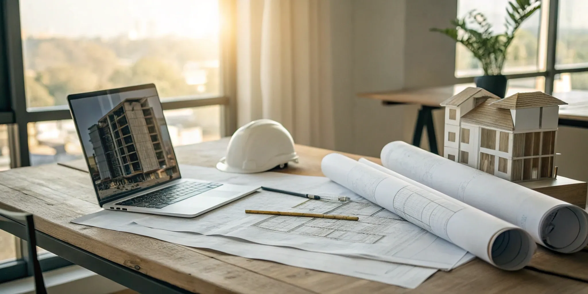 Planning commercial construction permits on a laptop with blueprints and a hard hat on the desk.