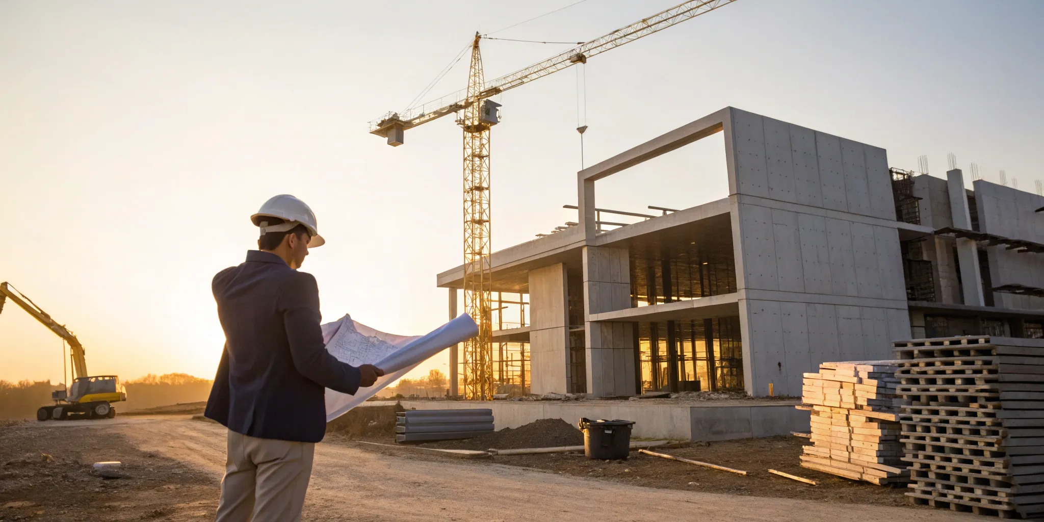 Construction manager reviewing plans on a job site to win new project opportunities.