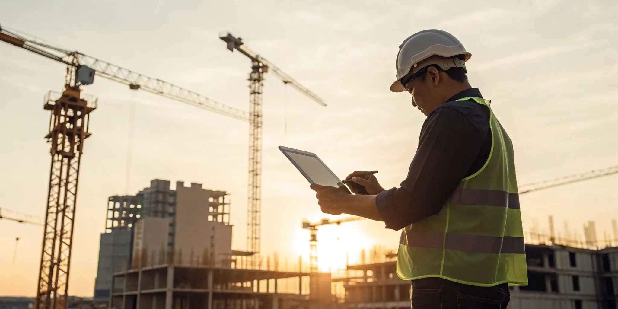 Construction manager analyzing market intelligence on a tablet at a building site.