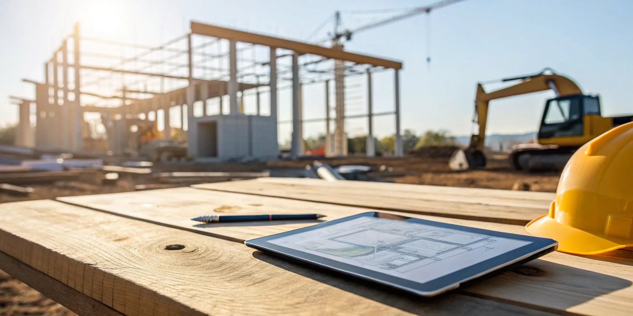 Construction lead software on a tablet at a job site with a hard hat and building plans.