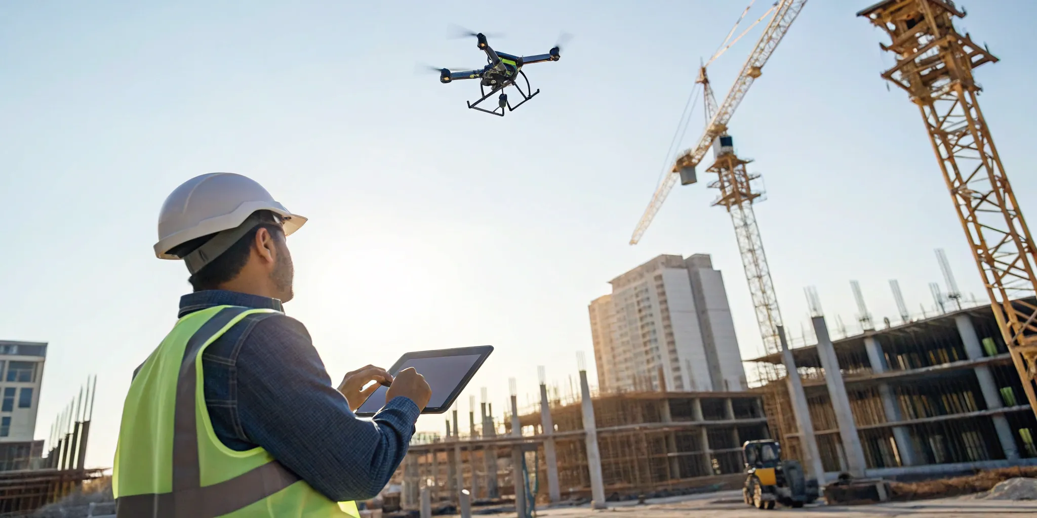 Worker using the best construction intelligence tools, a tablet and drone, to manage a building project.