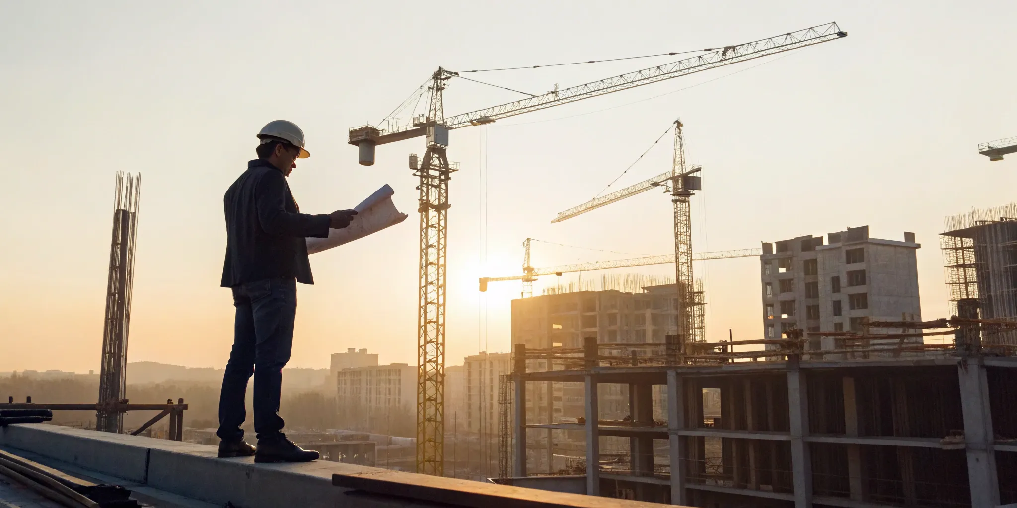 A construction professional uses bid intelligence data while reviewing project blueprints on-site.