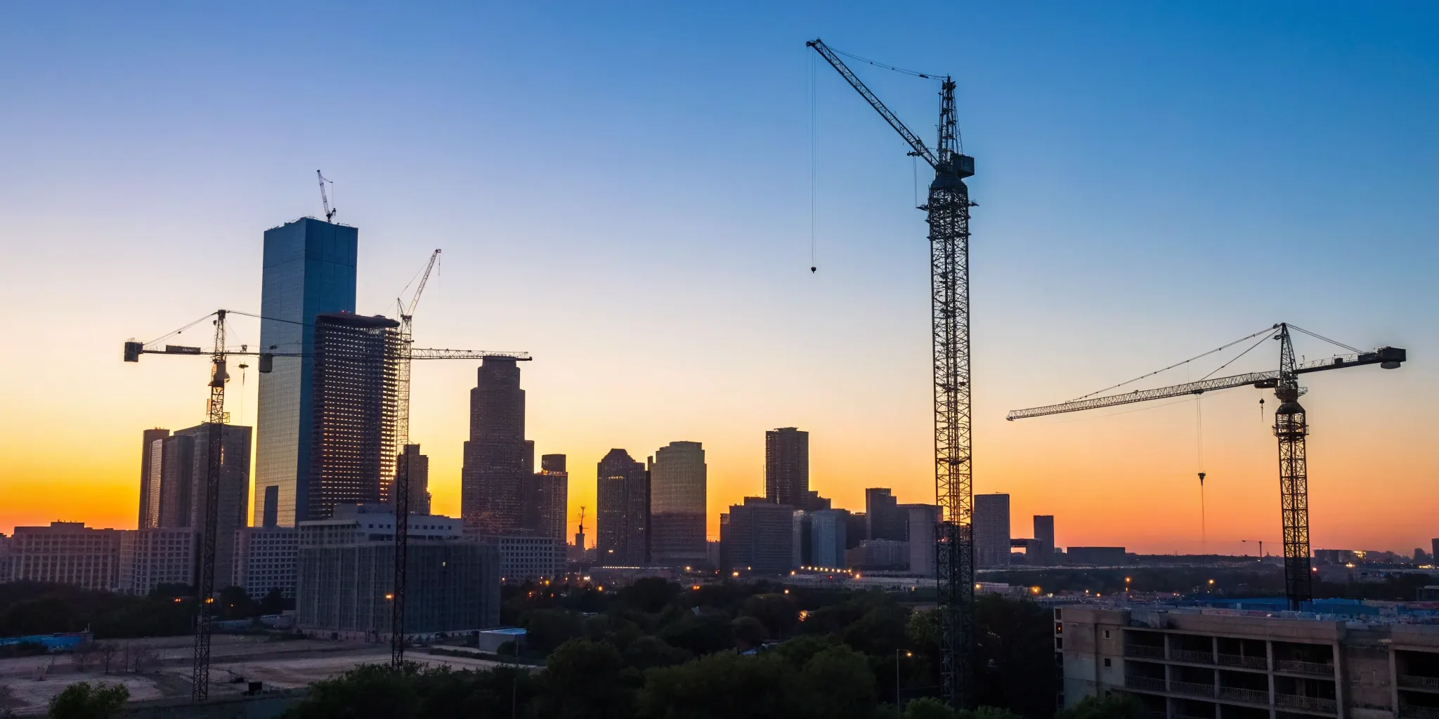 New building projects under construction with cranes on the Texas city skyline at sunset.