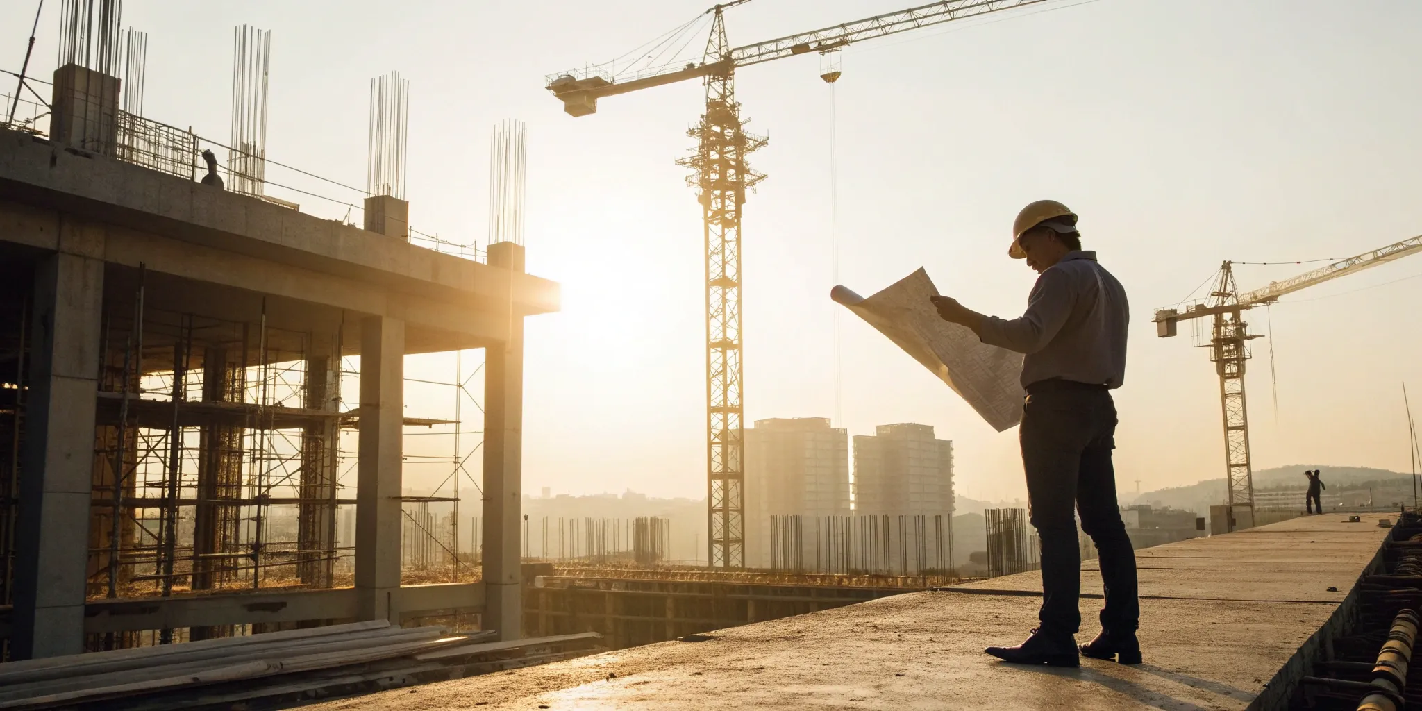 A contractor strategically reviews blueprints on a construction site to win more bids.