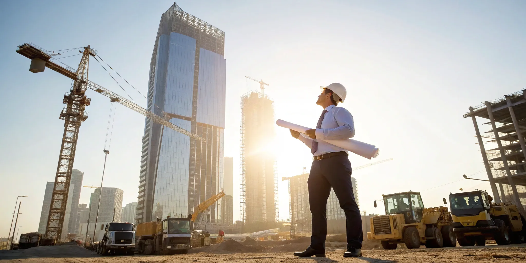 Contractor planning business development with blueprints on a construction site.