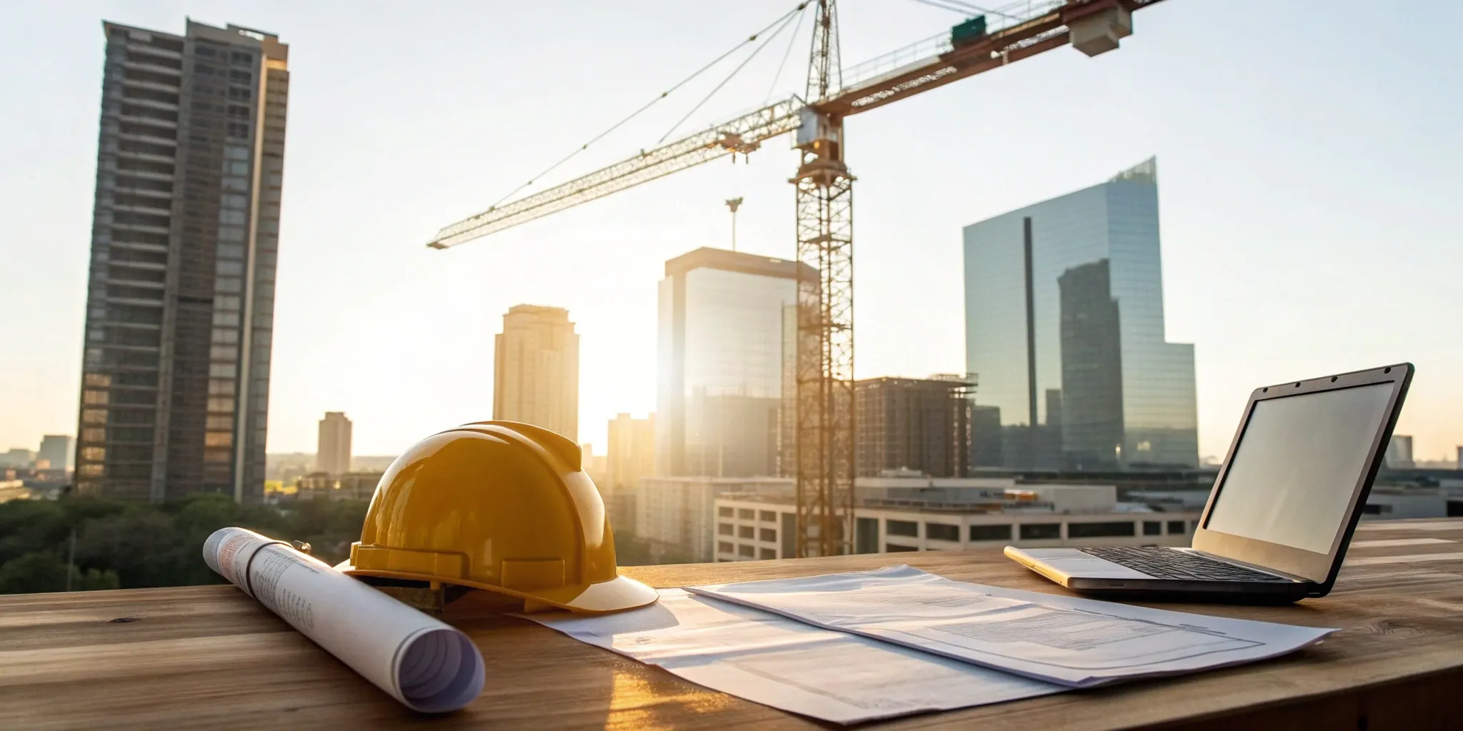 A construction manager's desk with a laptop for calculating business development ROI next to blueprints.