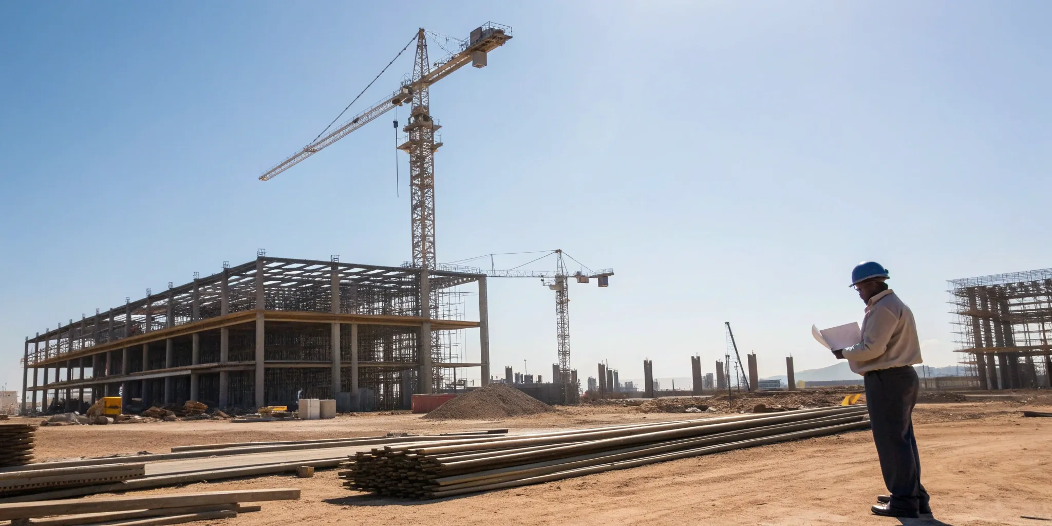Cranes work on the steel framework of a large data center construction project in Texas.