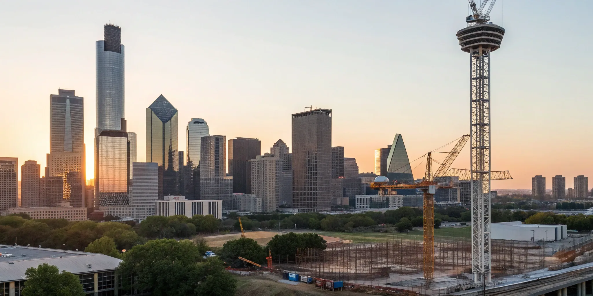 New commercial projects under construction against the Dallas skyline at sunset.