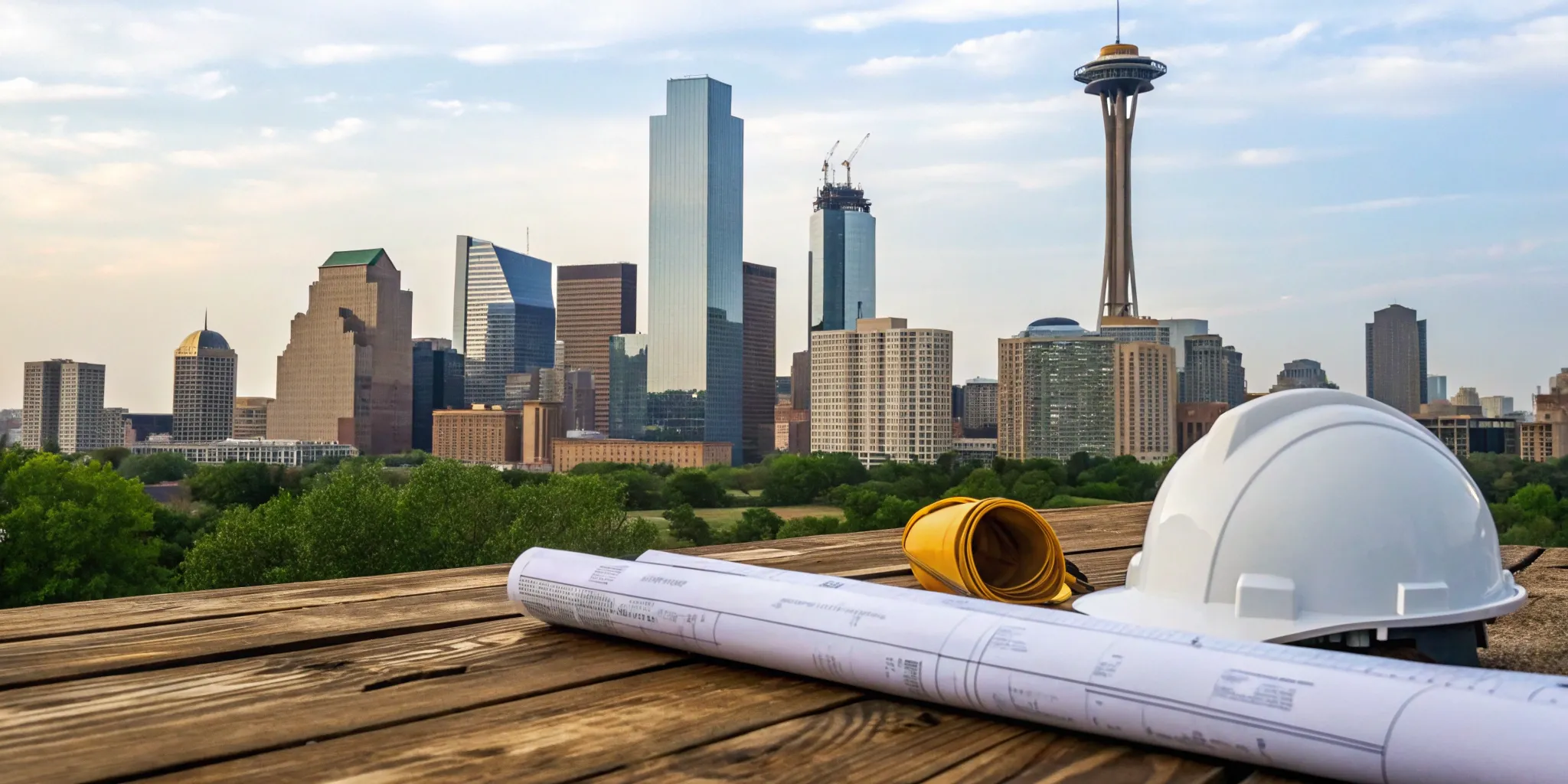 Dallas commercial construction data on blueprints with a hard hat for planning a winning project.