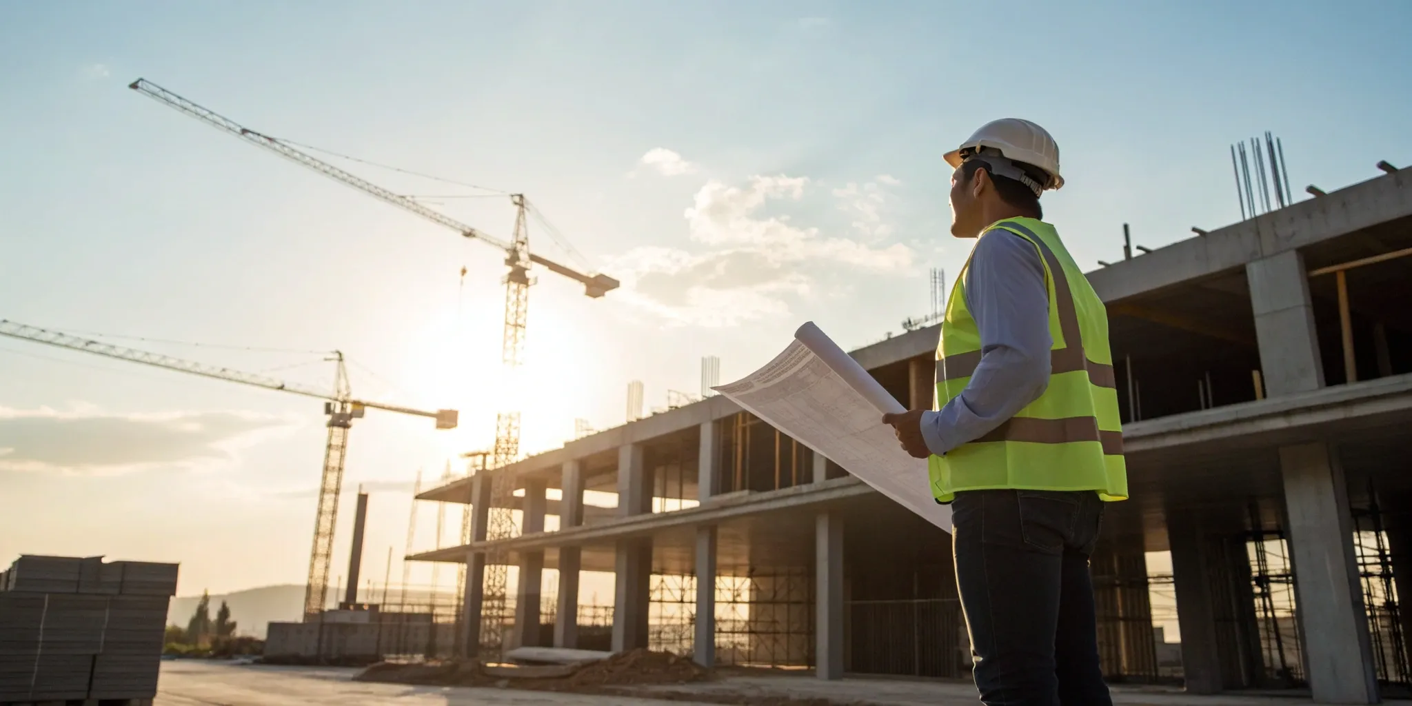 Central Texas tenant improvement contractor reviewing blueprints on a construction site.
