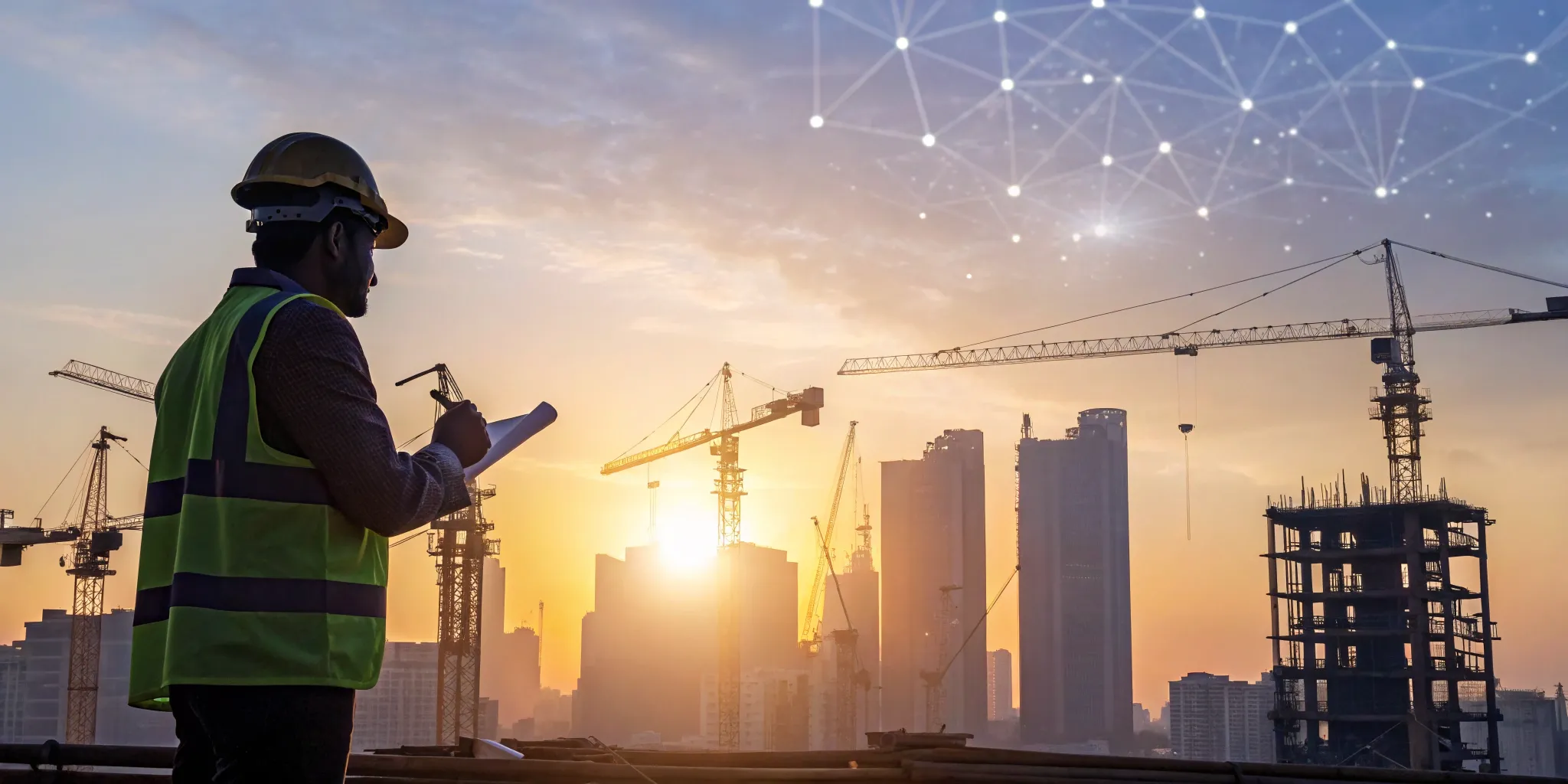 Worker analyzing industrial construction data on a large building site with cranes.