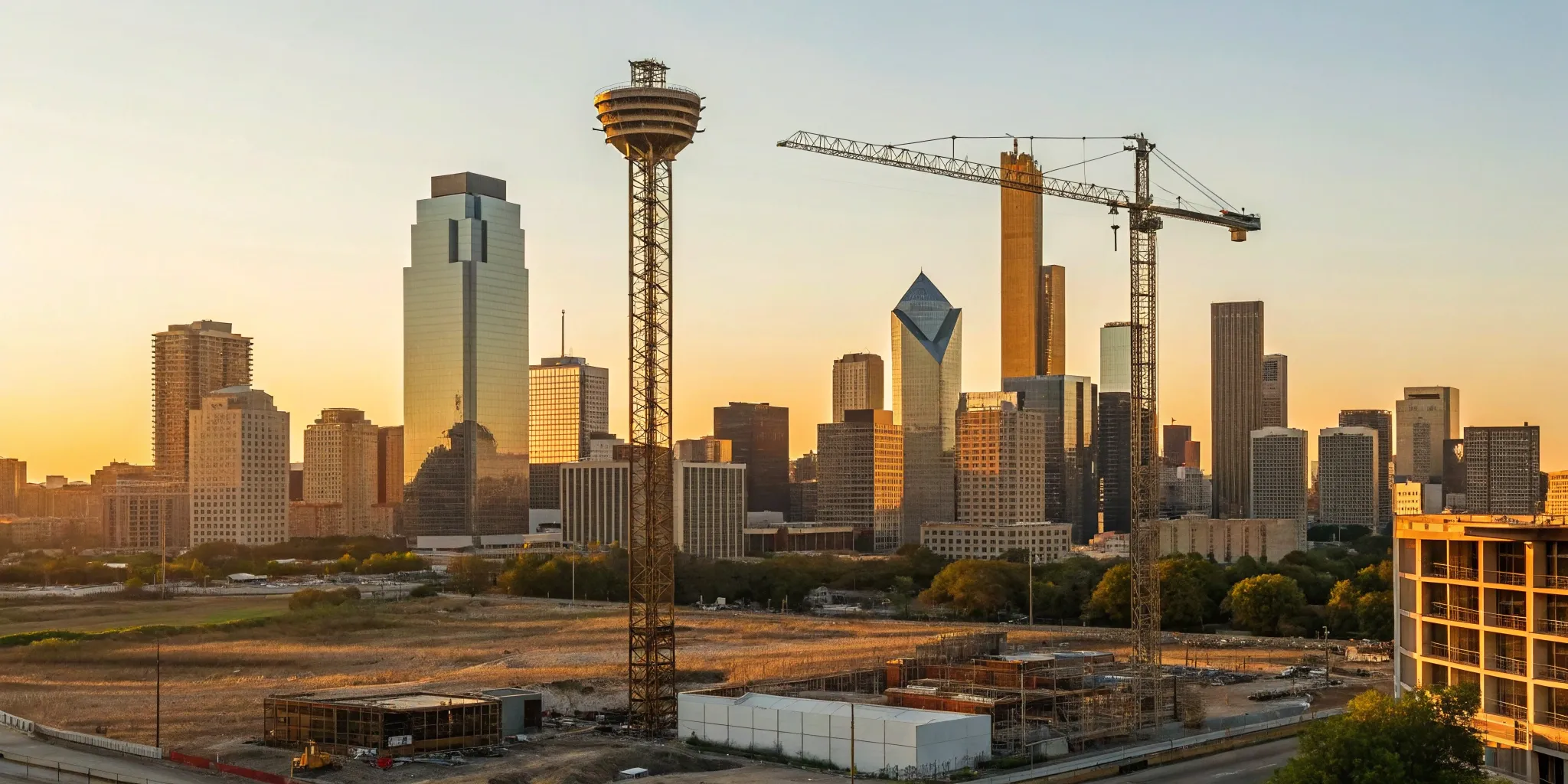 The Dallas skyline at sunset, filled with cranes for major construction projects.