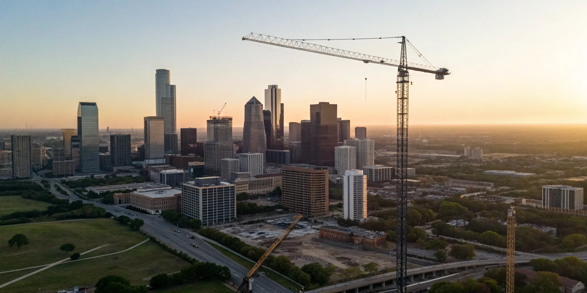 Cranes building unlisted commercial projects in the Houston, Texas skyline at sunset.