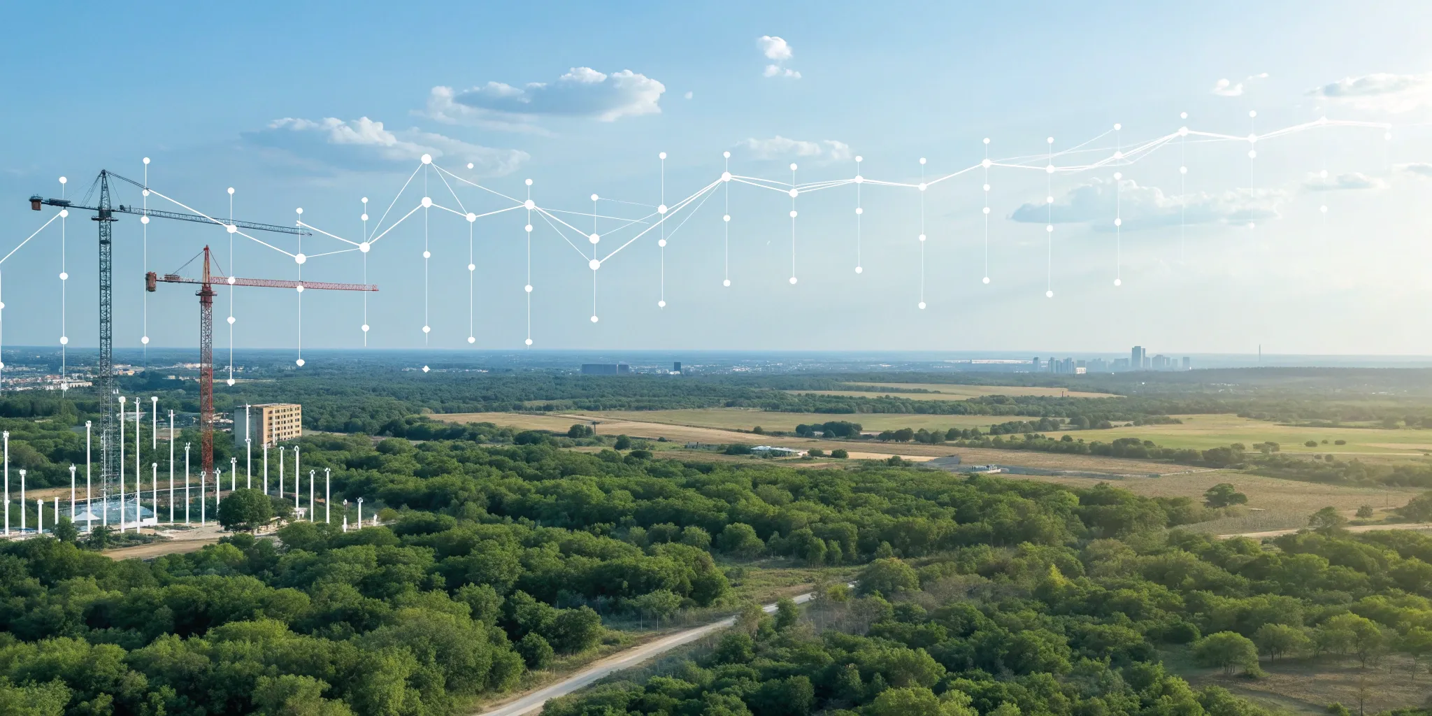 Data graph showing Texas construction industry trends over a city job site with cranes.