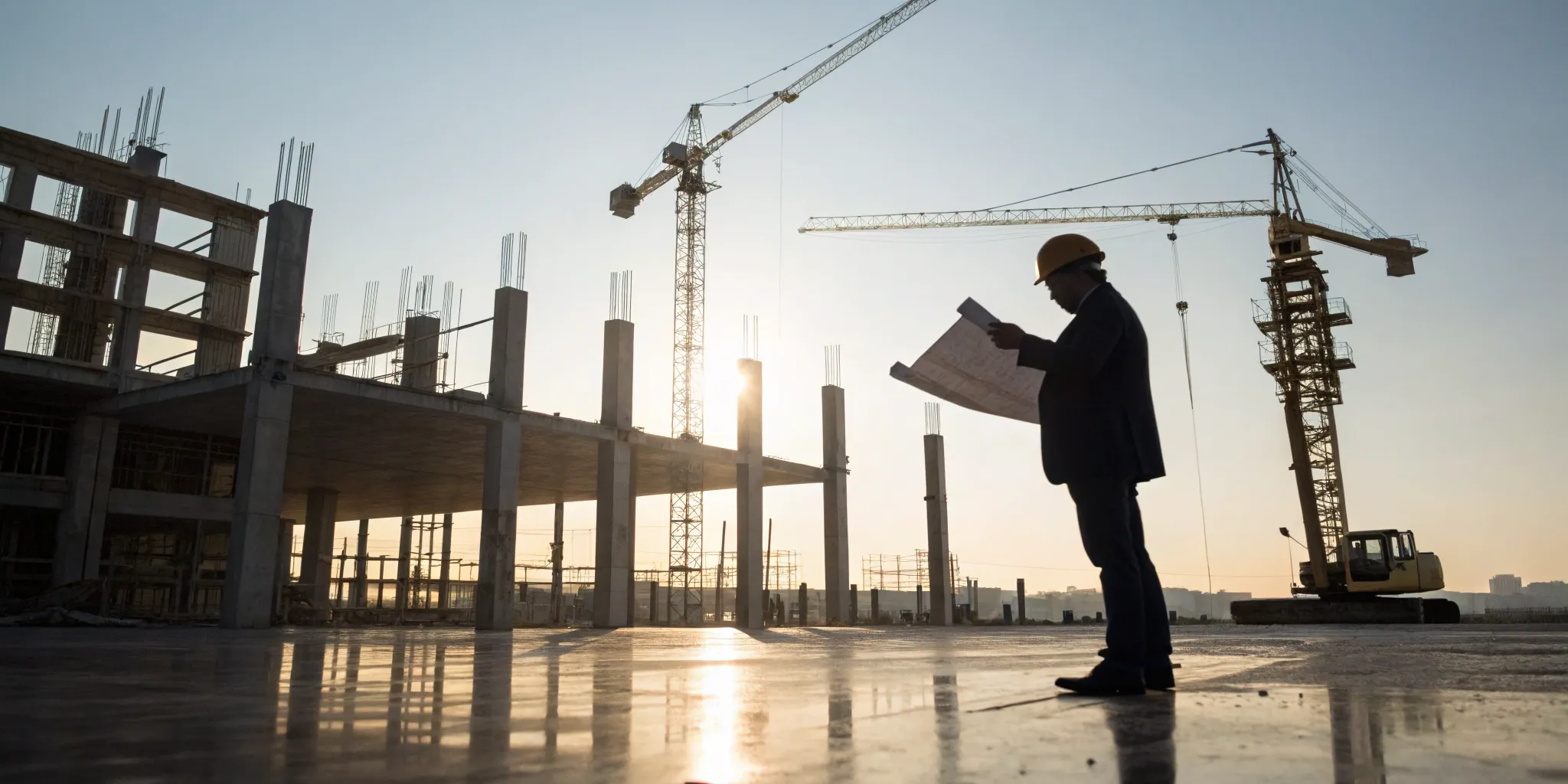 Construction worker tracking land development on a building site with cranes.