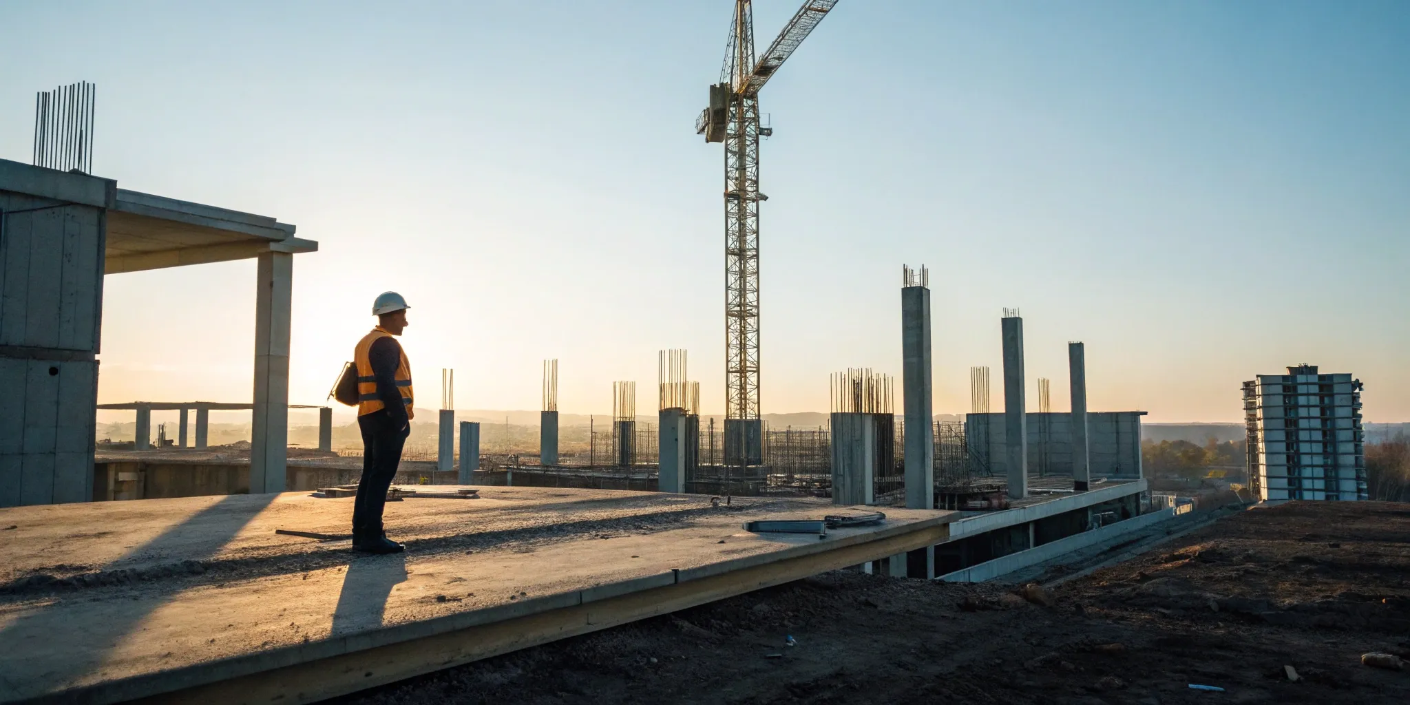 Worker performing proactive client monitoring on a construction project at sunrise.