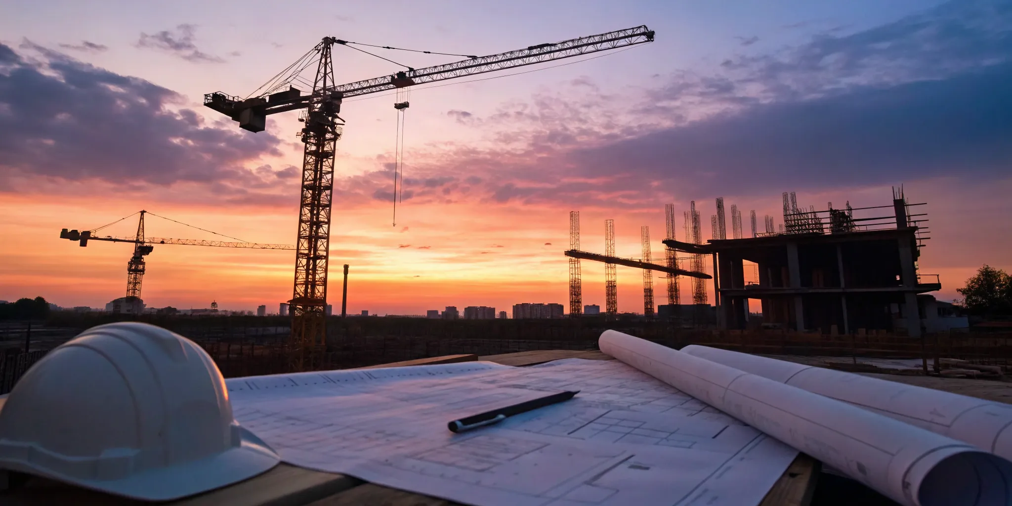 A private construction project with cranes and blueprints, found using a project finder.