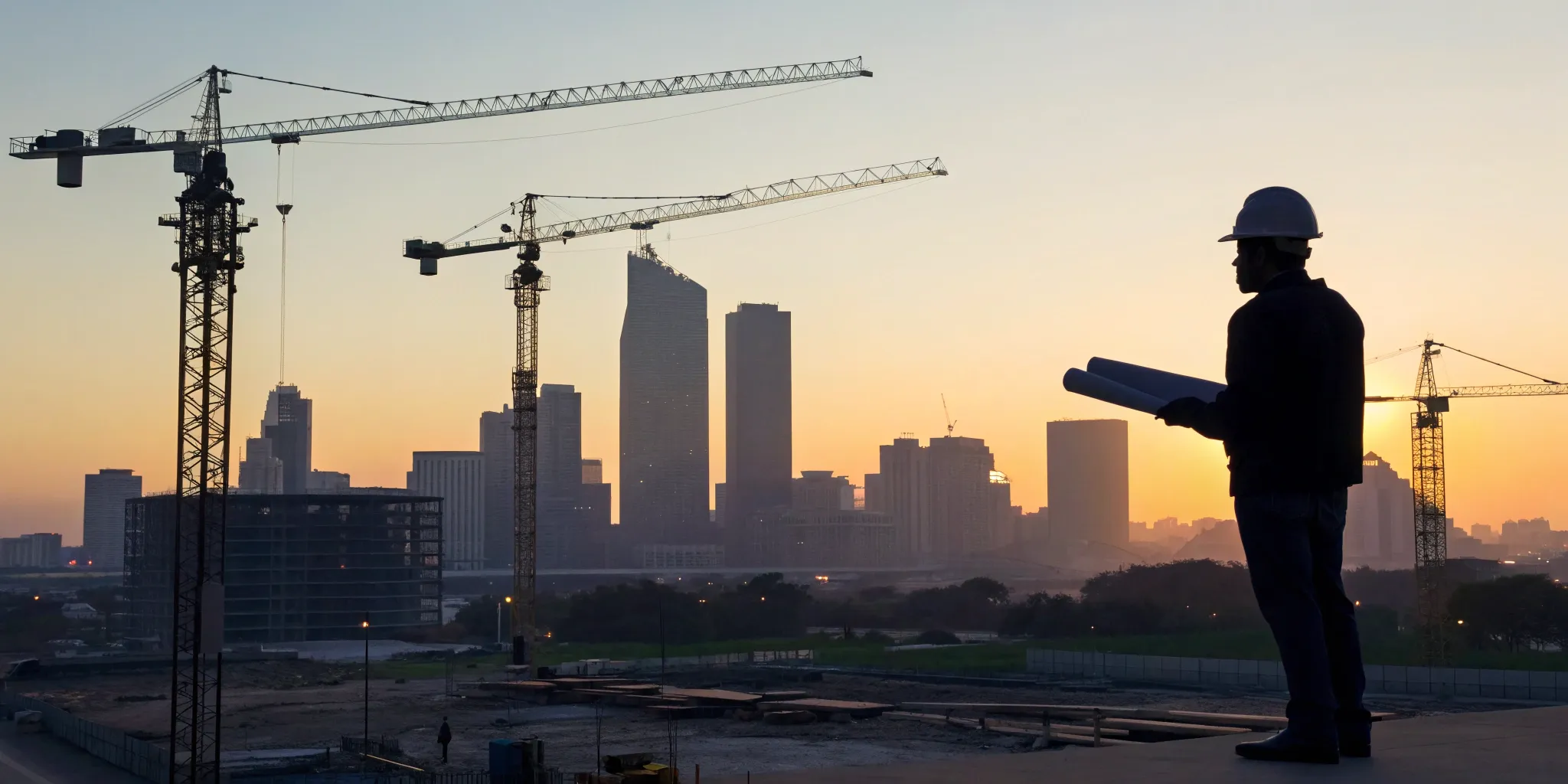 Architect reviewing blueprints at a Texas healthcare construction site for new project leads.