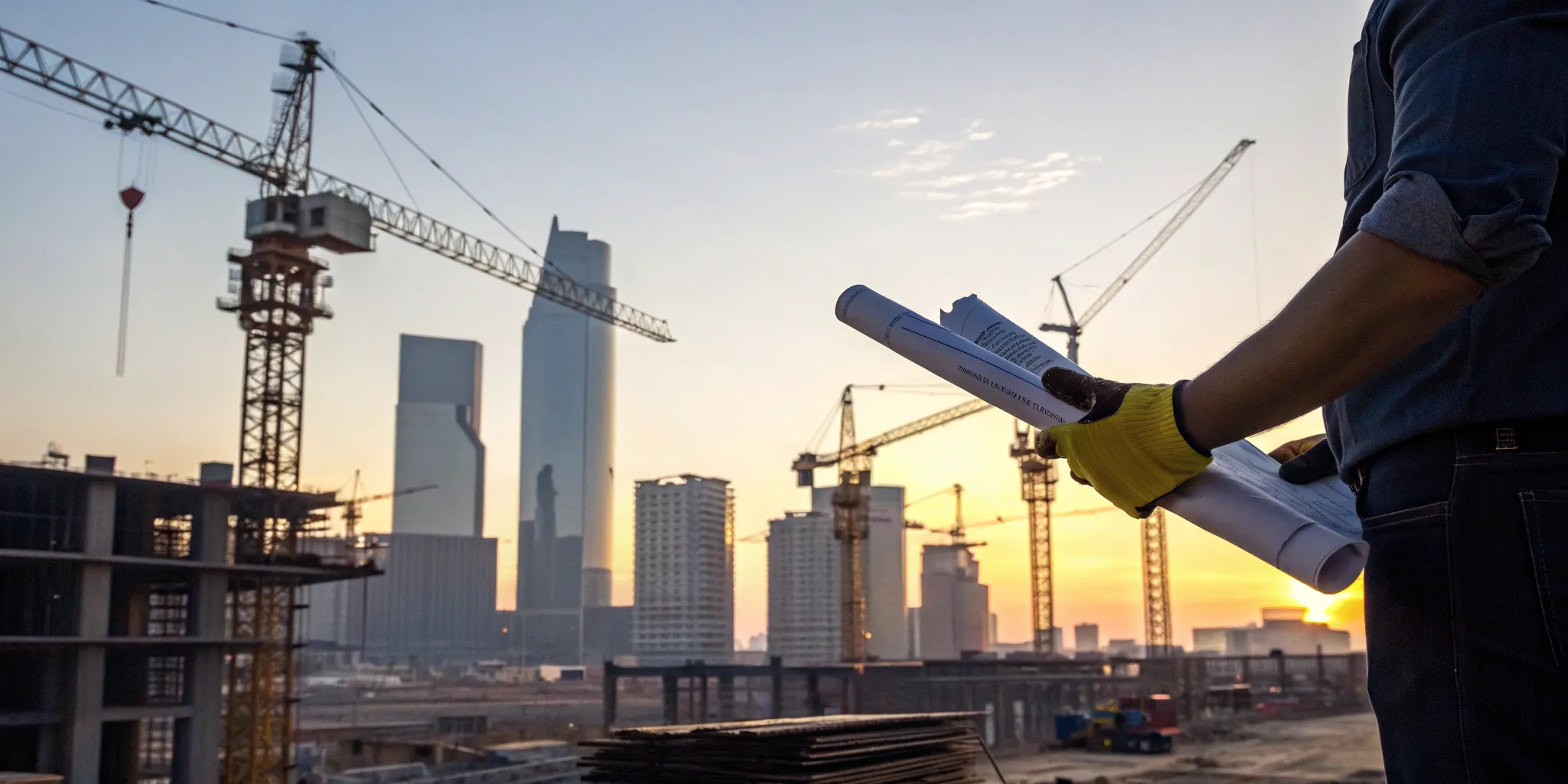 Cranes tower over a Texas construction site at sunrise, fueling the industry's significant growth.