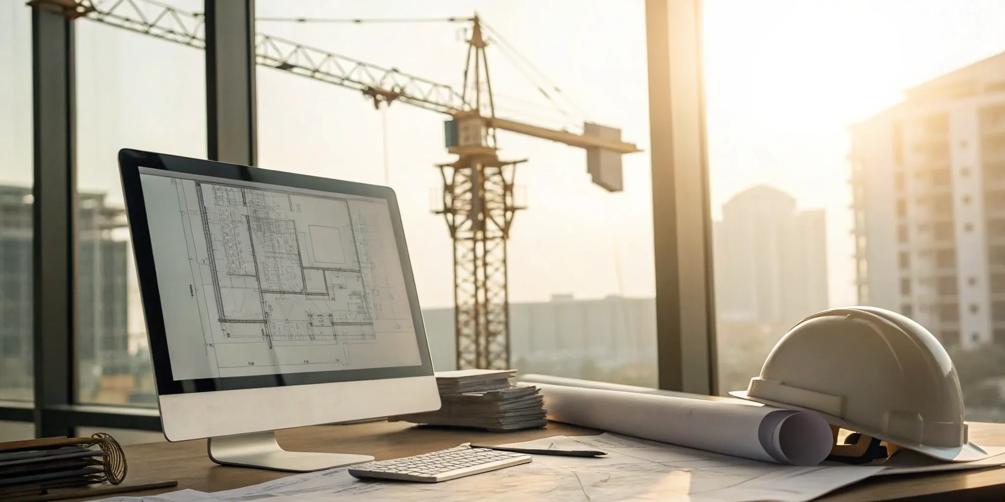 Construction lead generation software on a laptop with blueprints and a hard hat at a building site.