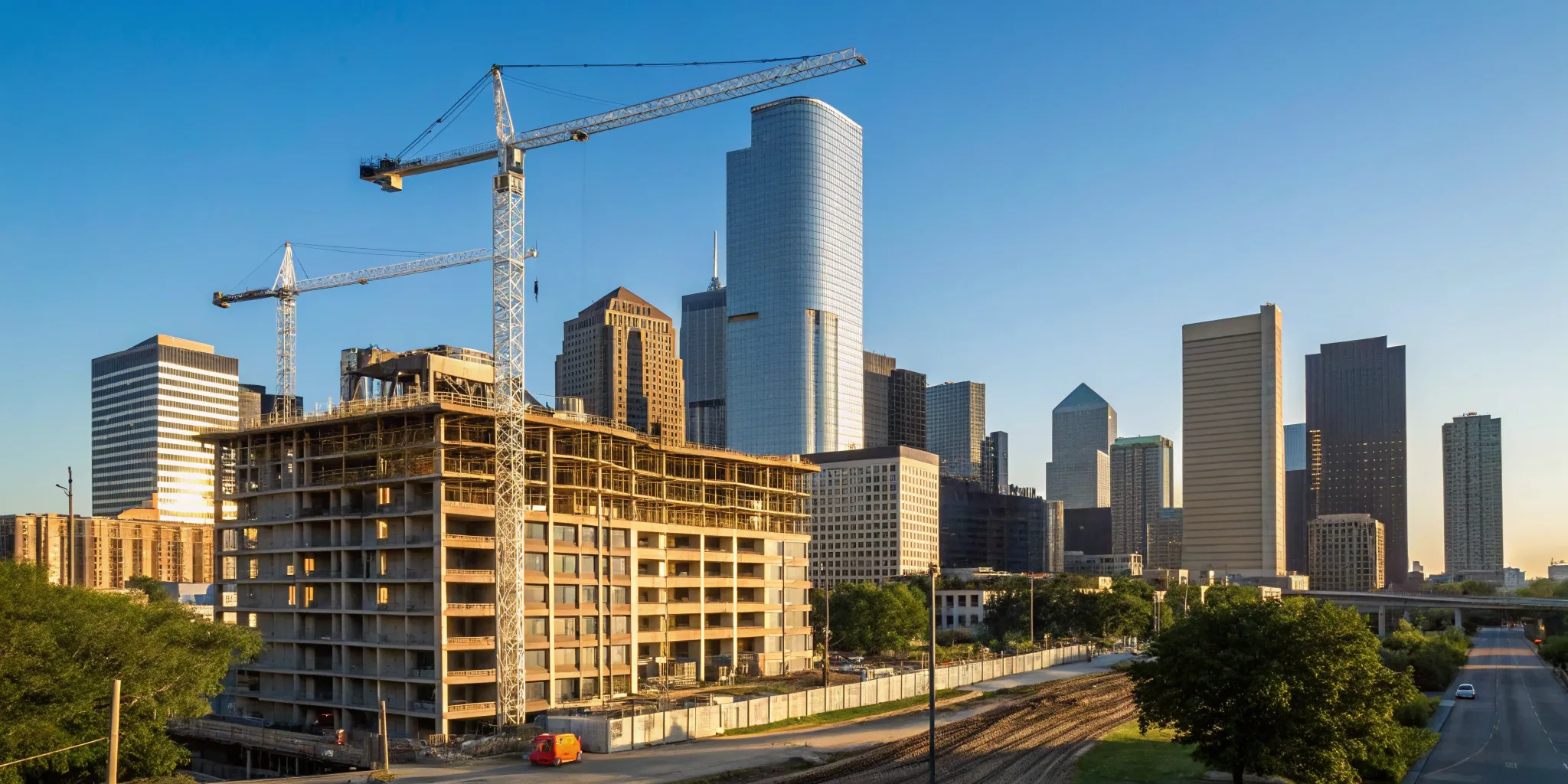 Multi-family construction site with cranes shaping the Houston skyline.