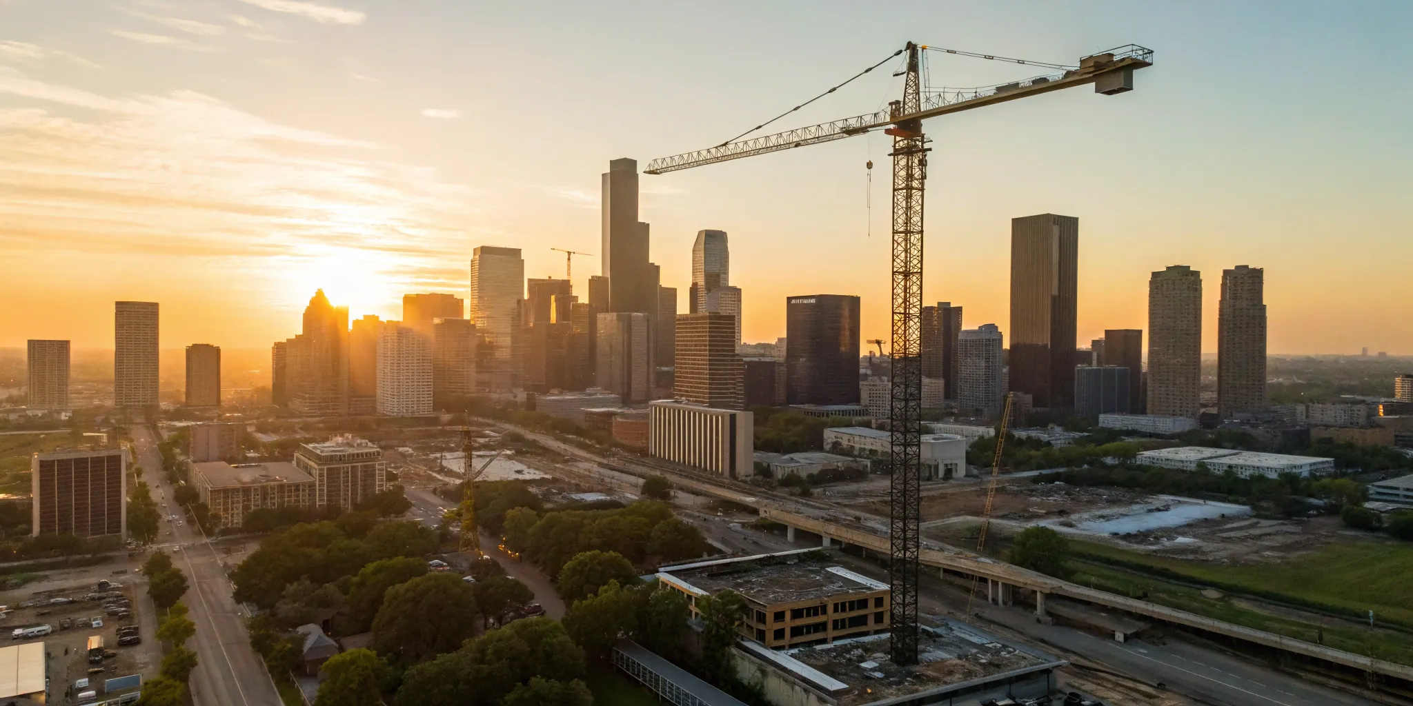 Construction cranes on the Houston skyline, a key source for new construction leads.