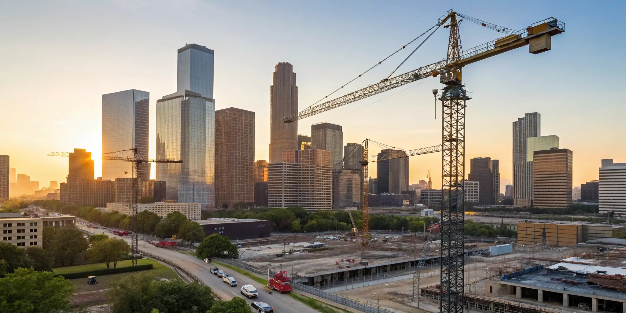 Large-scale industrial construction project with cranes on the Houston skyline.