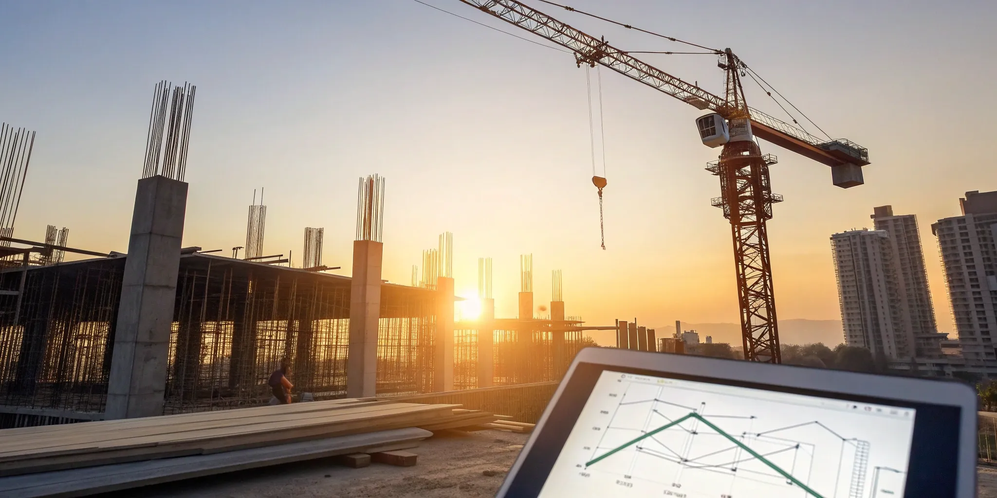 Construction intelligence software on a tablet at a building site with a crane.
