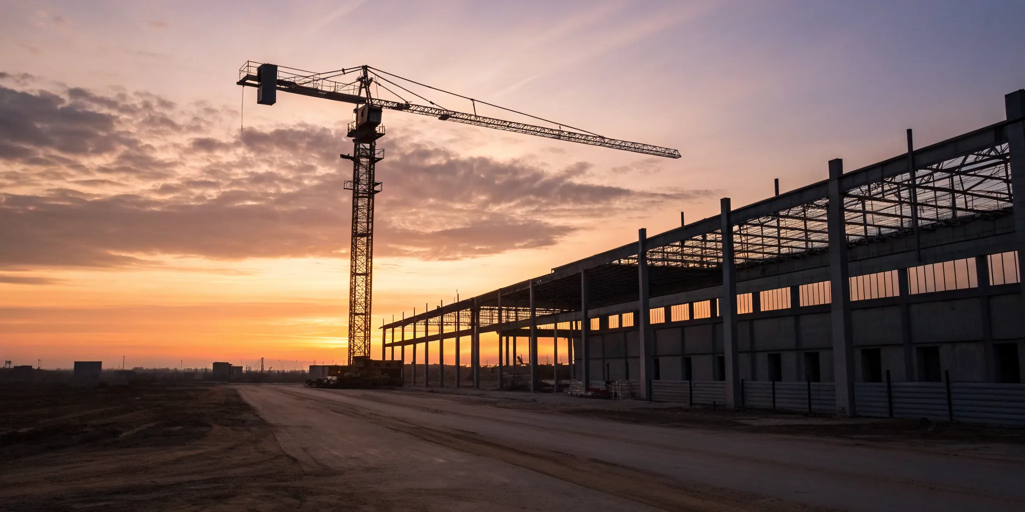 Intel's light industrial construction site with a crane and steel framework at sunset.