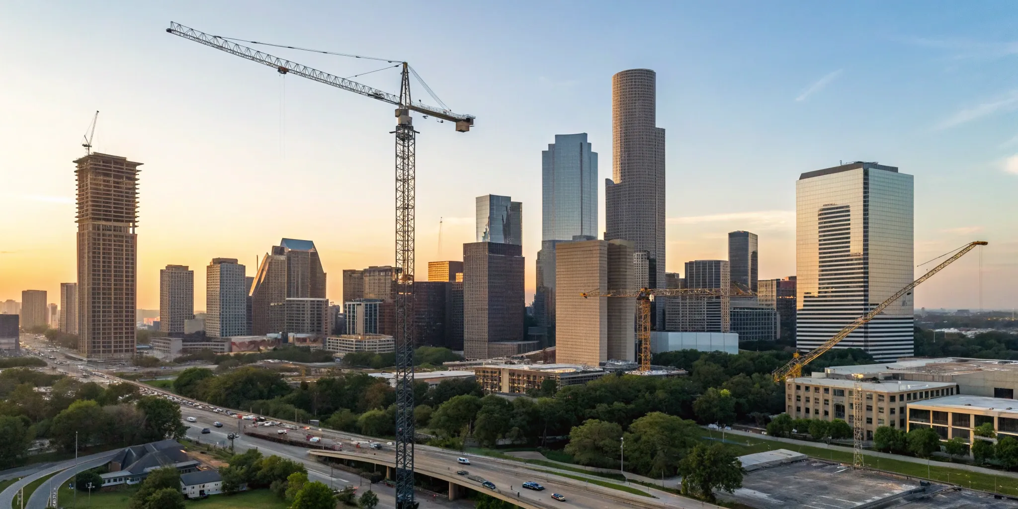 New construction projects and cranes shaping the Houston skyline.