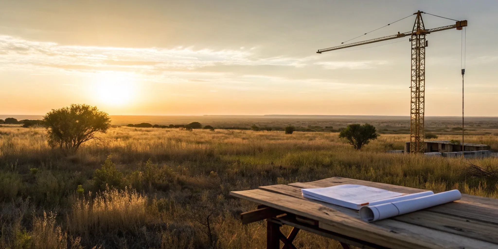 Texas construction project forecasting with blueprints and a crane on a building site.