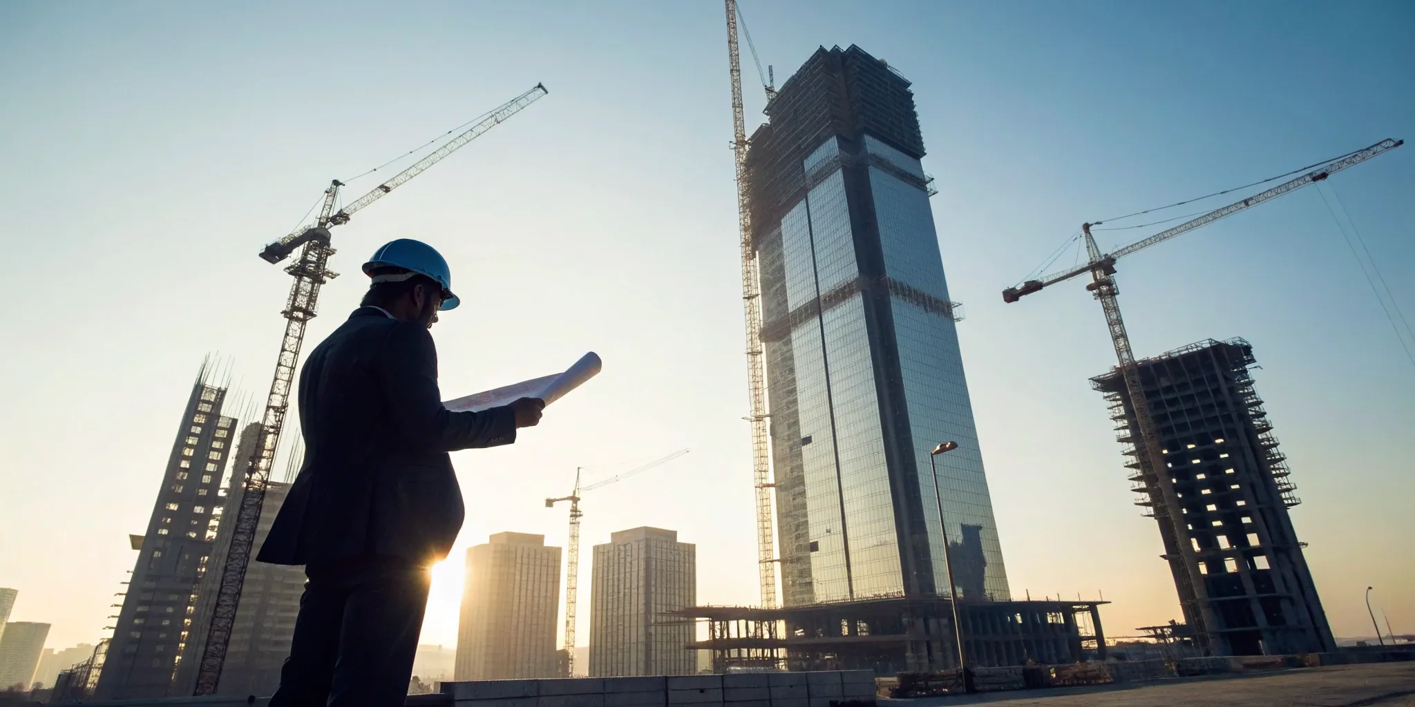 Construction manager qualifying a new project lead by reviewing blueprints on a job site.