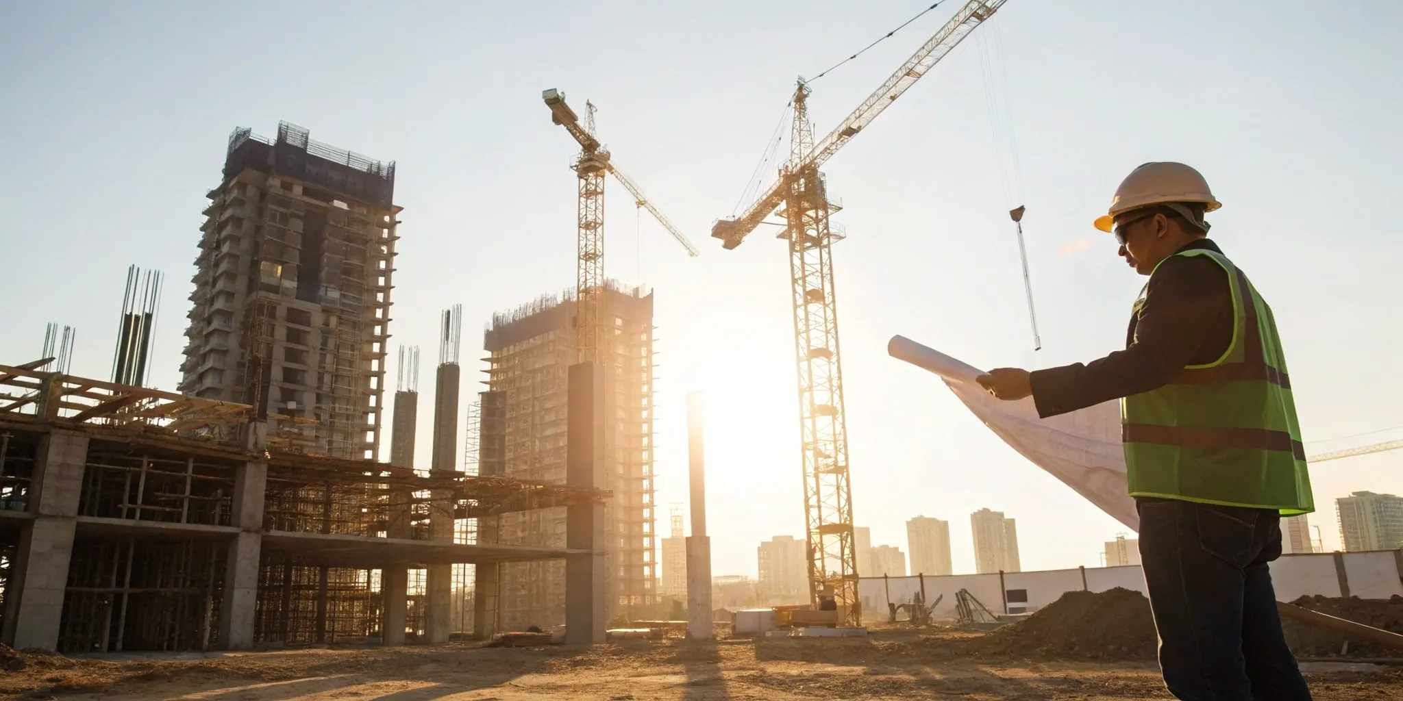 Construction manager planning the project pipeline with blueprints overlooking a building site.