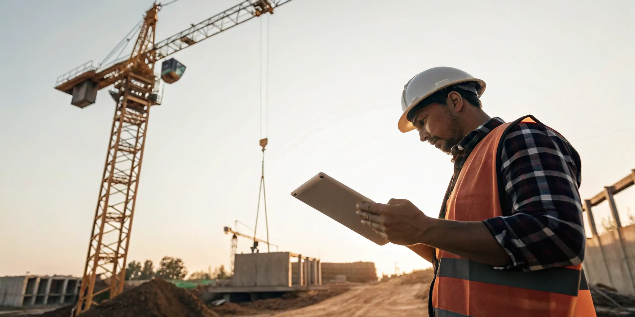 Construction manager using a tablet for real-time project notifications to prevent delays.