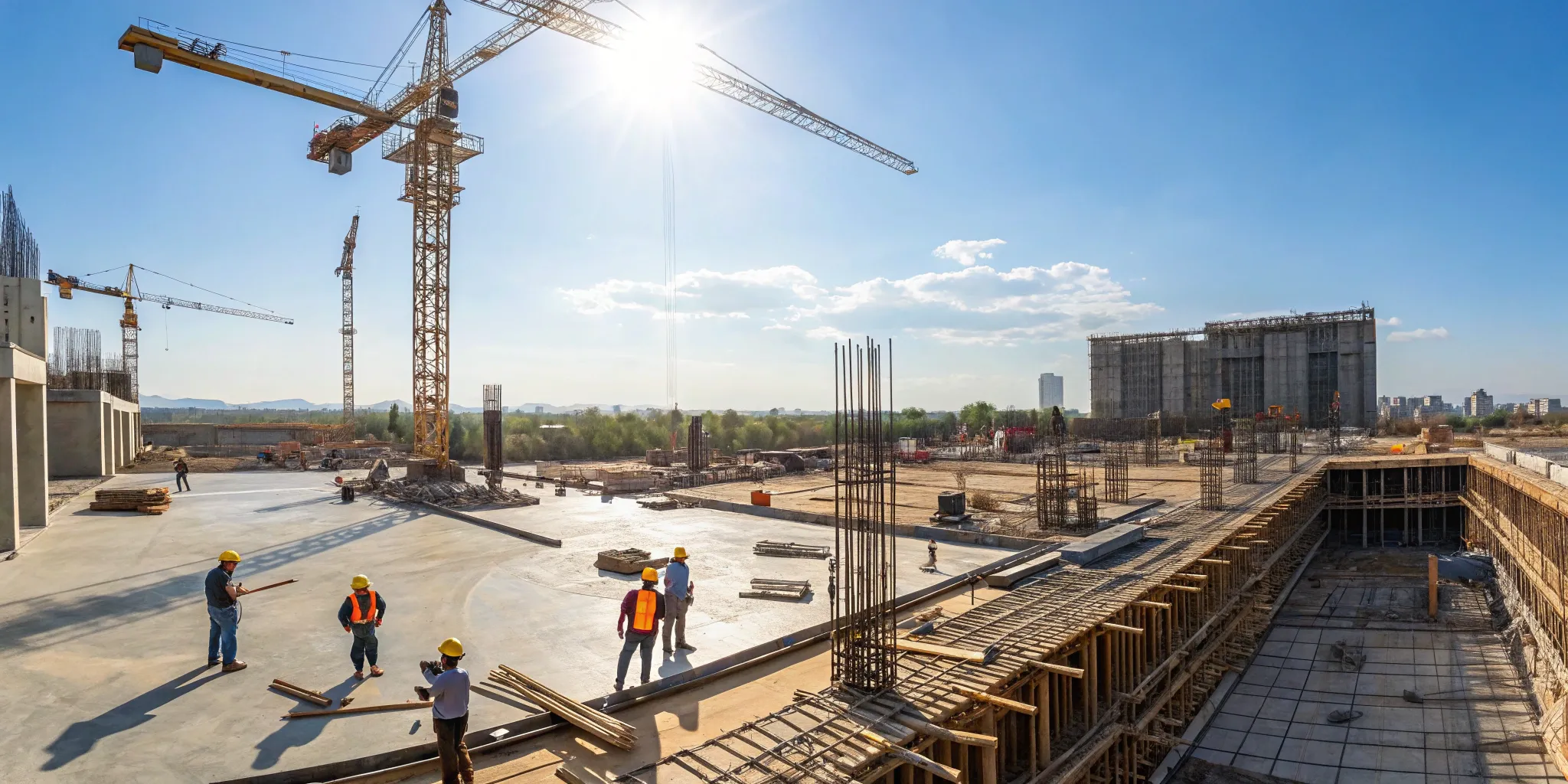 Workers and cranes at a major Texas construction site, part of the state's booming market.