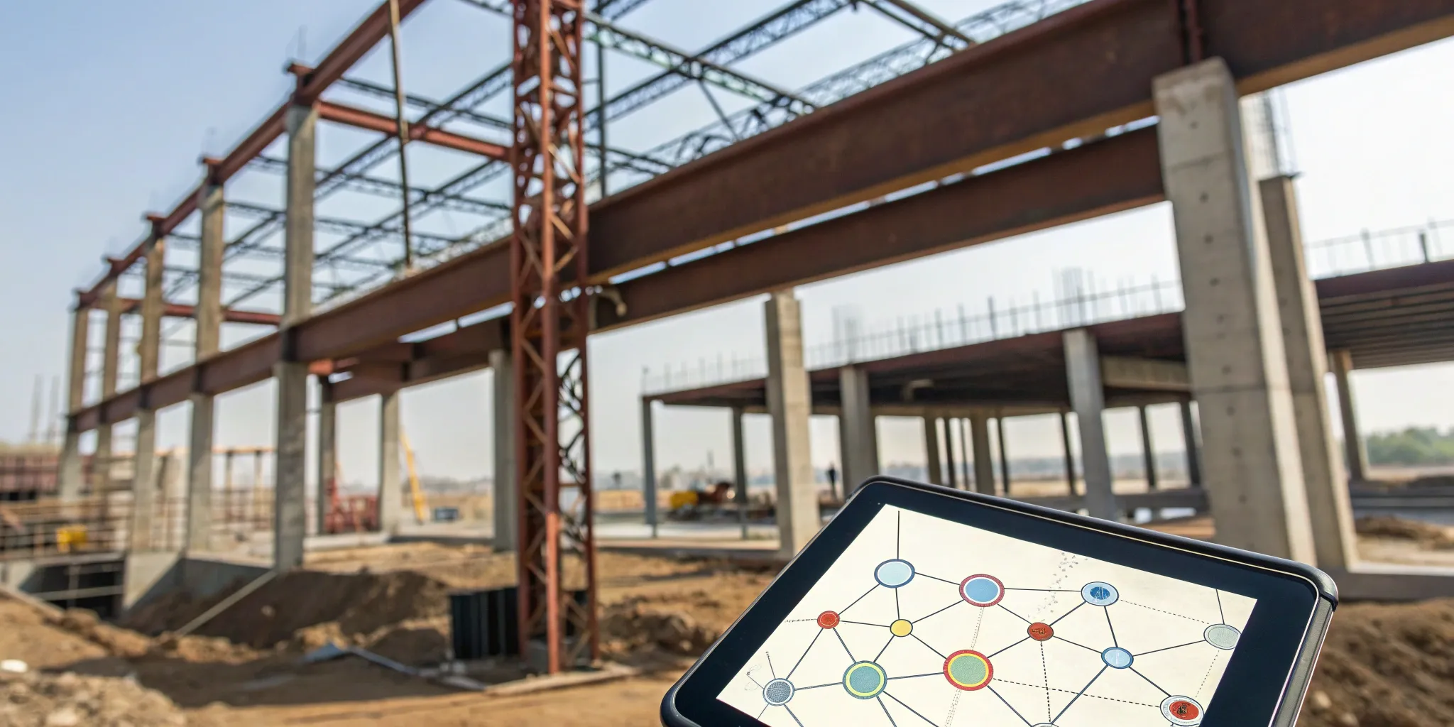 Construction network mapping software displayed on a tablet at a building project site.