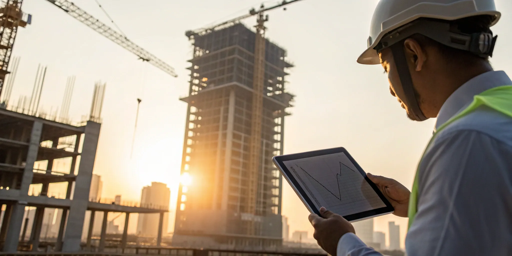 Construction worker using a tablet to analyze project data on a building site.
