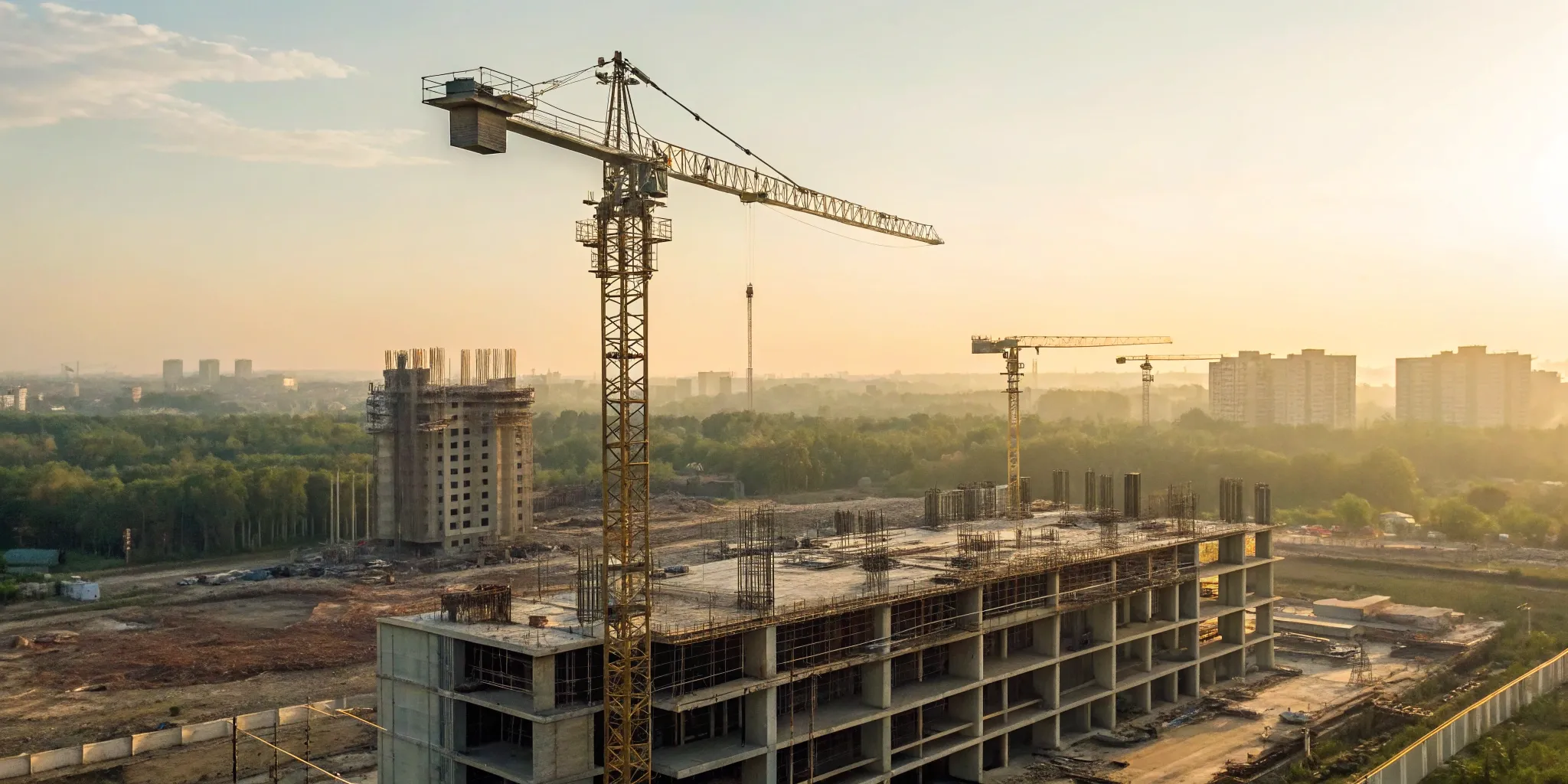Cranes on a construction site at sunrise, a project using predictive analytics for planning.