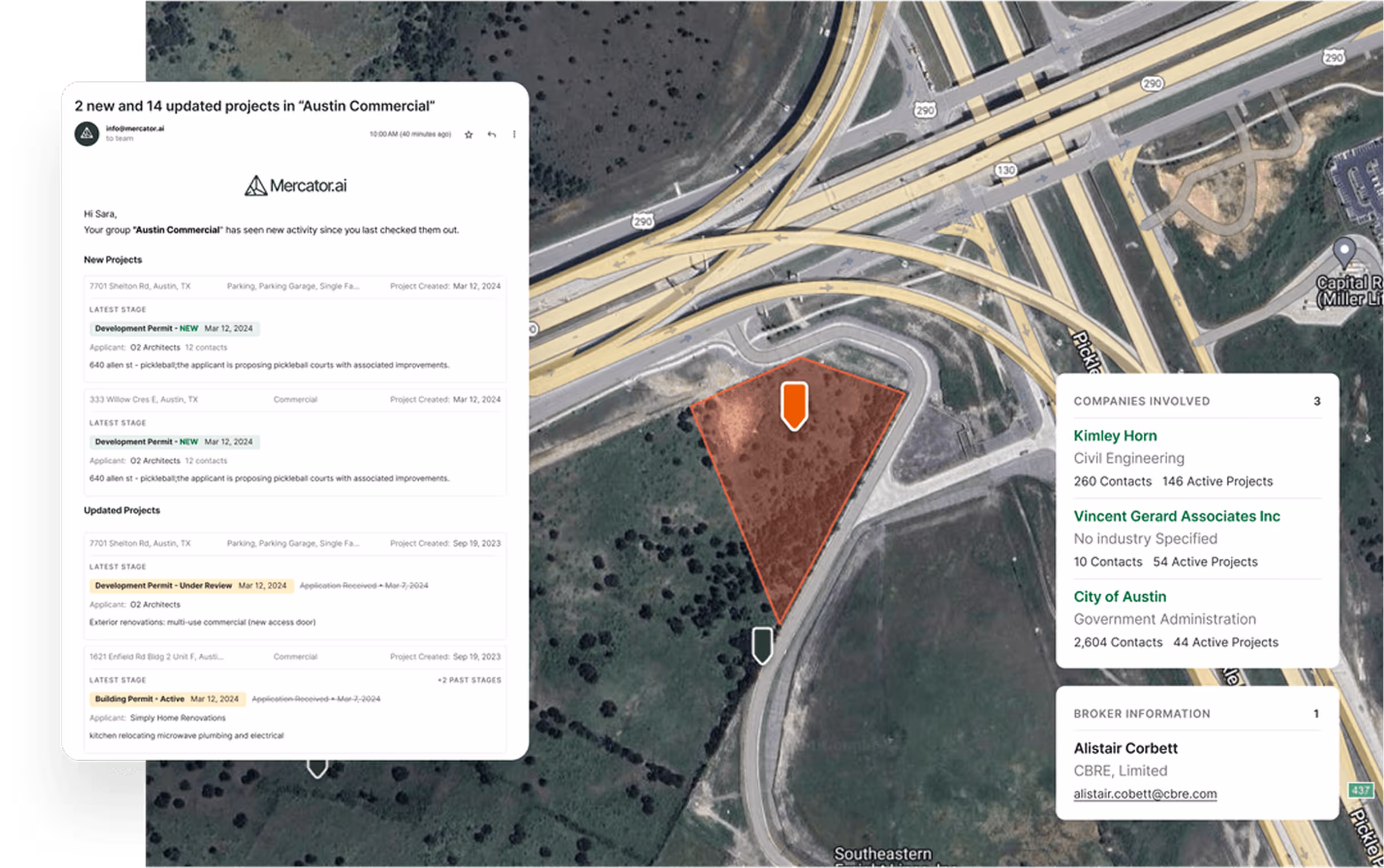 Mercator.ai platform showing a map with a highlighted commercial property, project details, and companies involved in Austin