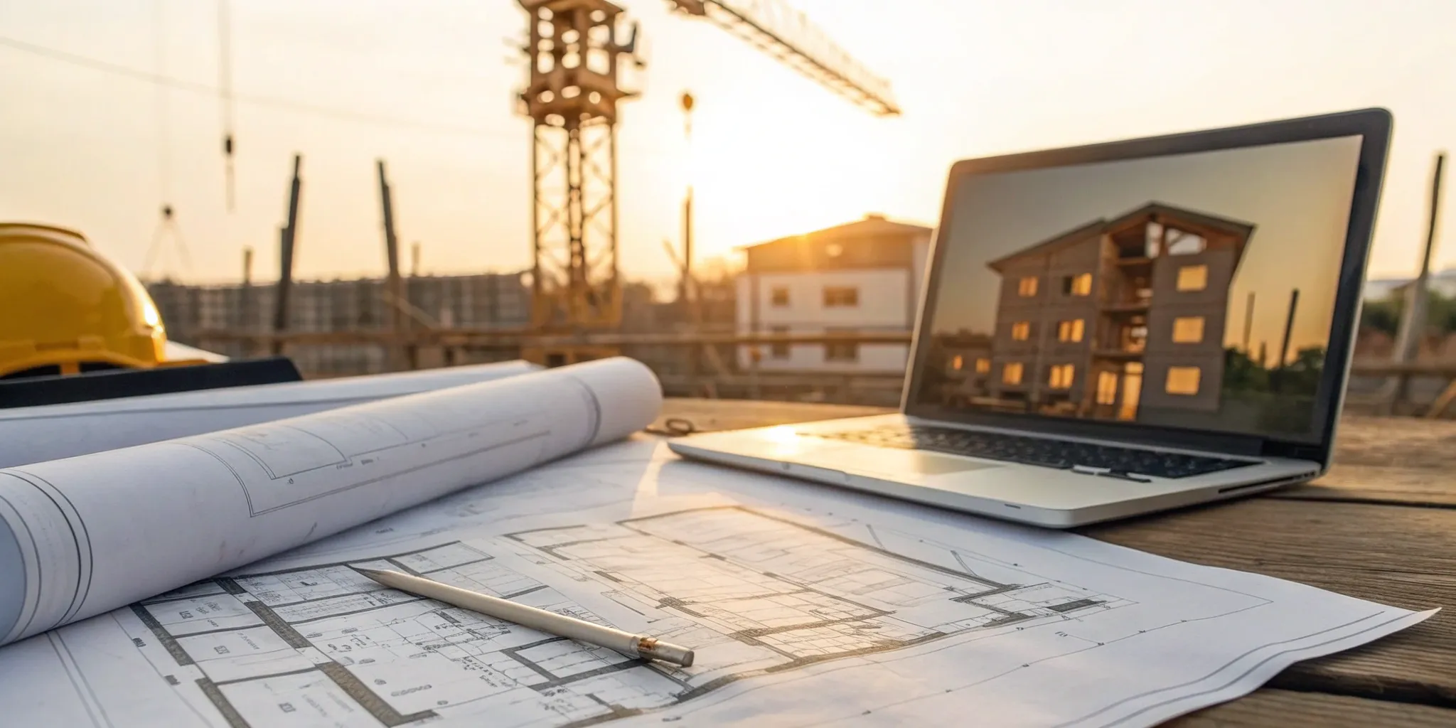 Construction bid management software on a laptop with blueprints and a hard hat.