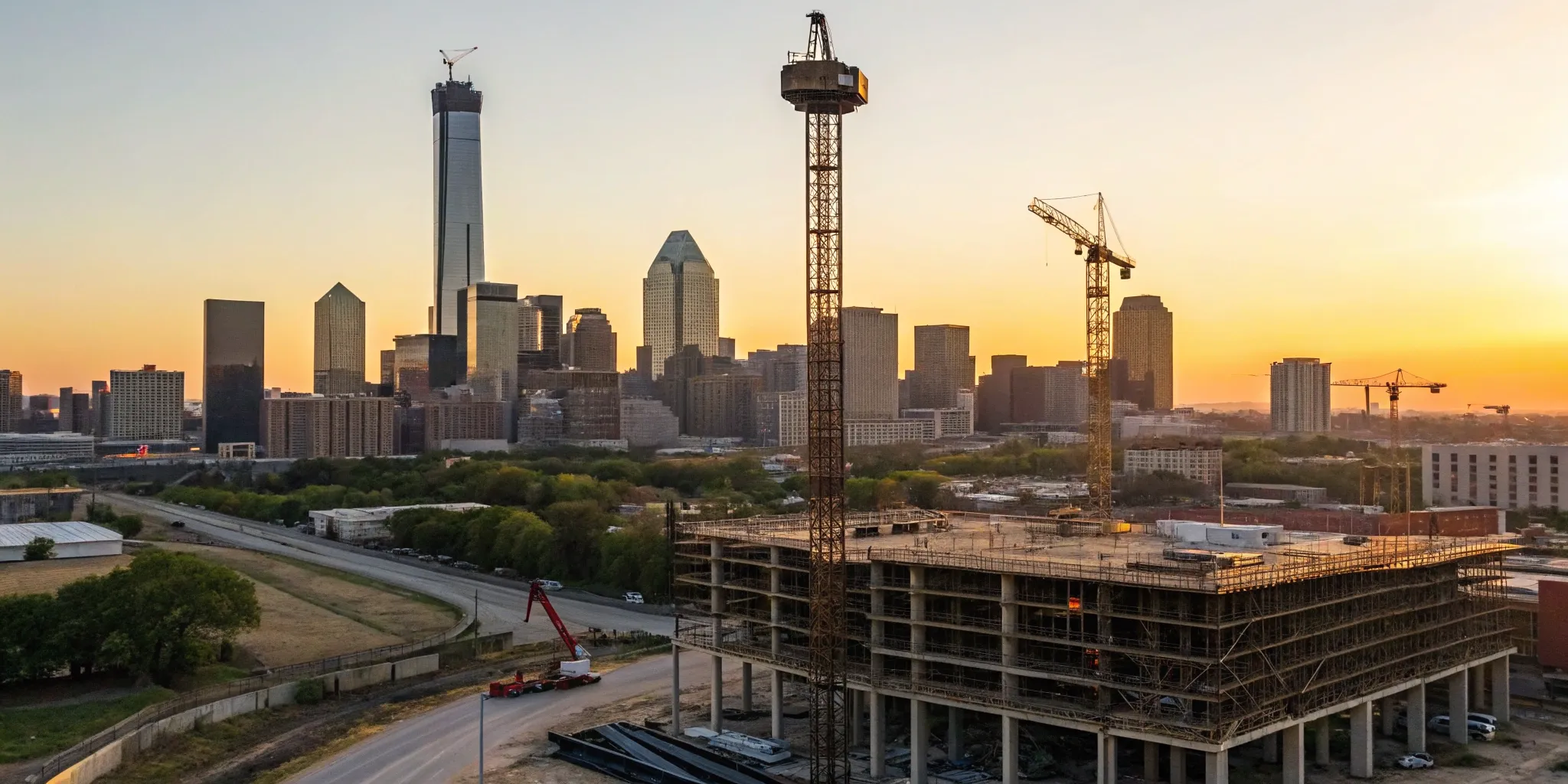 Dallas construction projects with cranes shaping the downtown skyline at sunset.