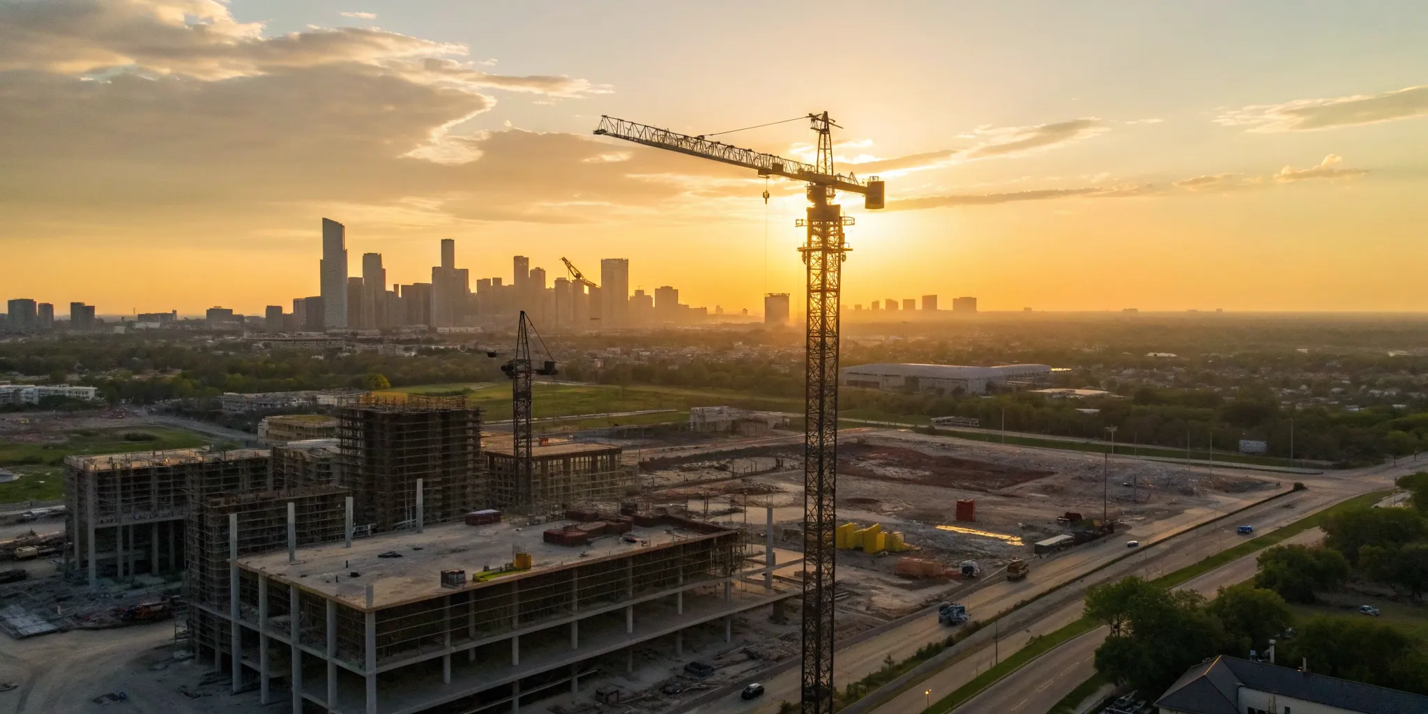 Cranes over the Houston skyline working on major construction projects.