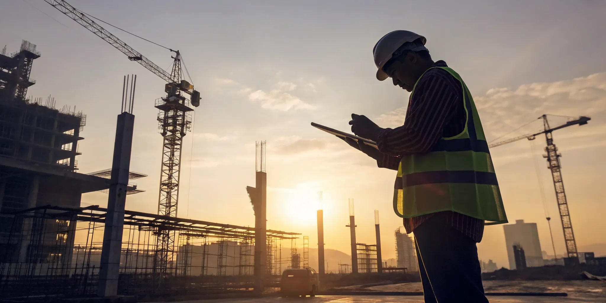 General contractor in a hard hat using a tablet with AI software on a construction site.