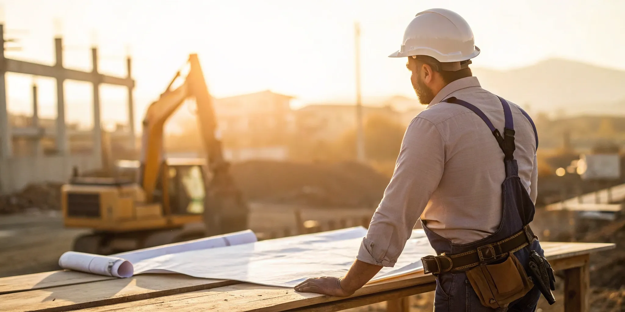 A contractor reviews plans for a major El Paso construction project with heavy machinery nearby.